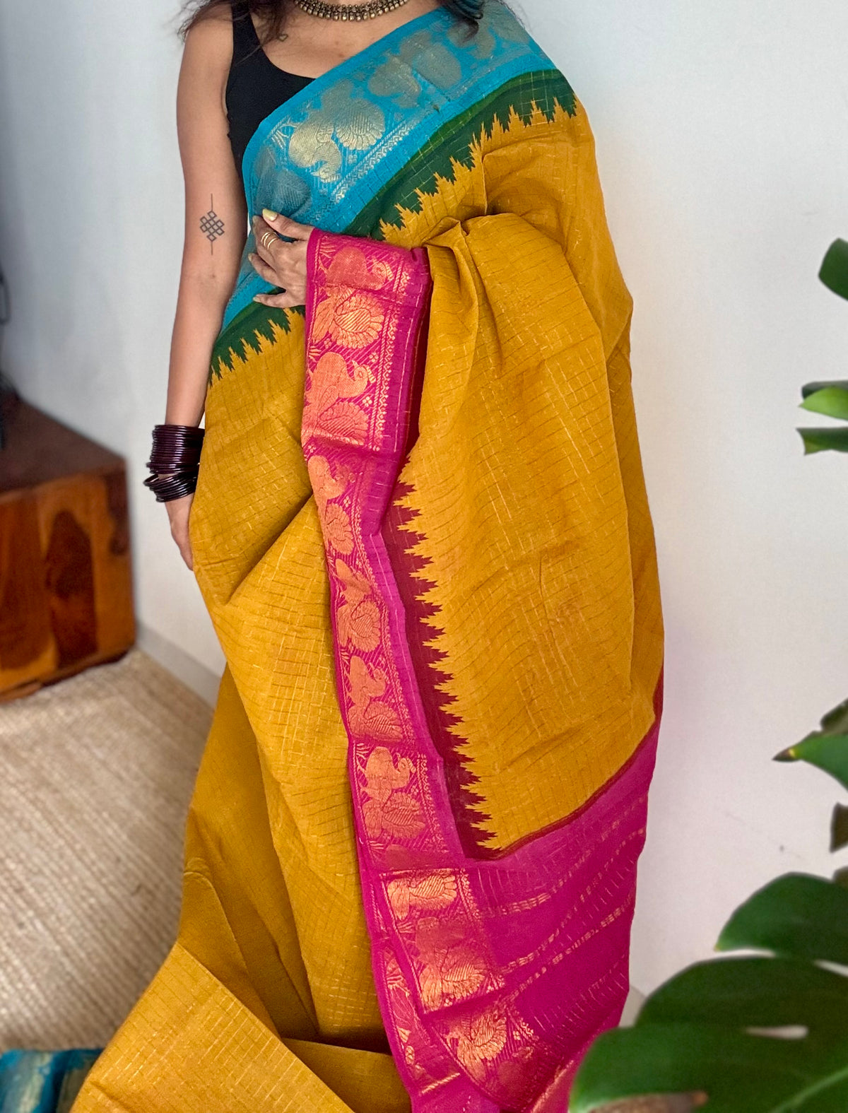 Sungudi cotton checks, mustard yellow base, blue and hot pink dual tone border, soft cotton - YCCOTNMSSE09