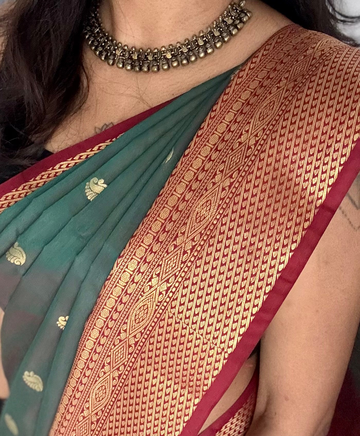 Harini - Emerald green with maroon, handloom korvai semi silk - YCCOTNFEJUKS07