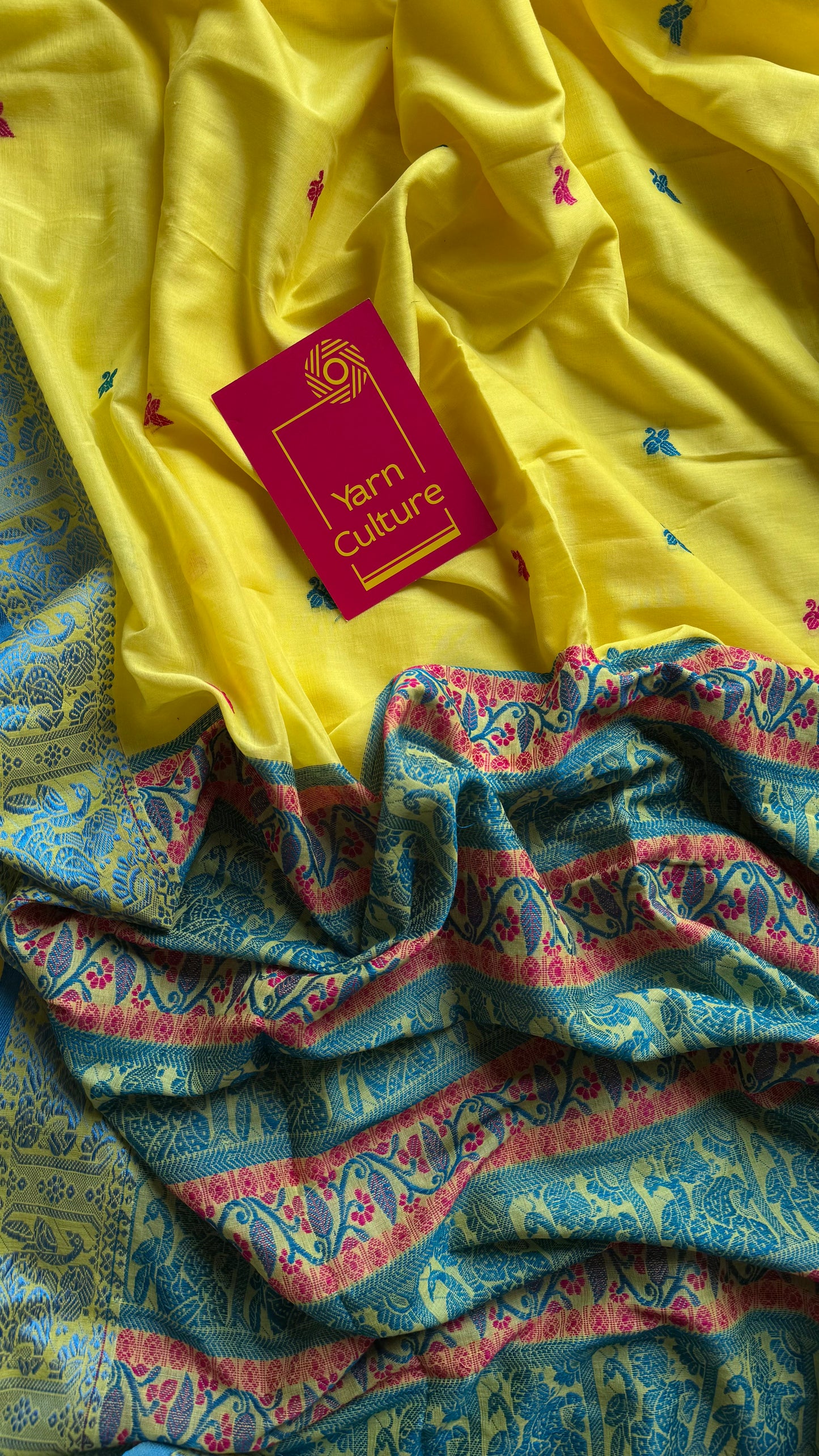 Yellow with blue, Baluchari-inspired soft cotton handwoven saree - YCHOTEBCJA226