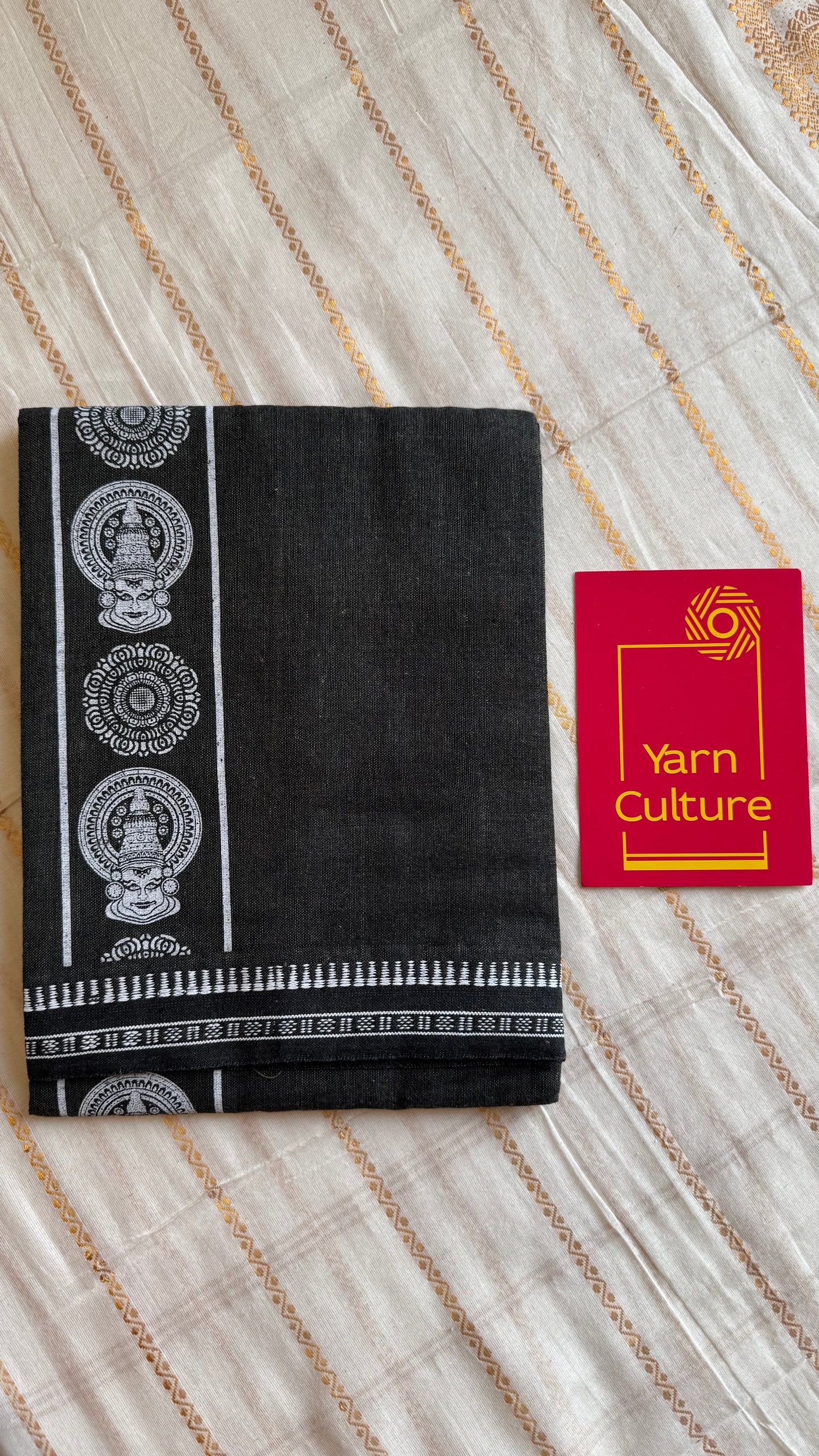 Dark Grey Single Mundu with White Kathakali Print | Soft Cotton Men's Dhoti - YCMSEIE182
