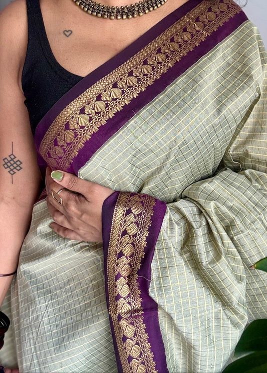 Warm grey with purple, zari checkered saree, cotton silk - YCCOTNKCOC105