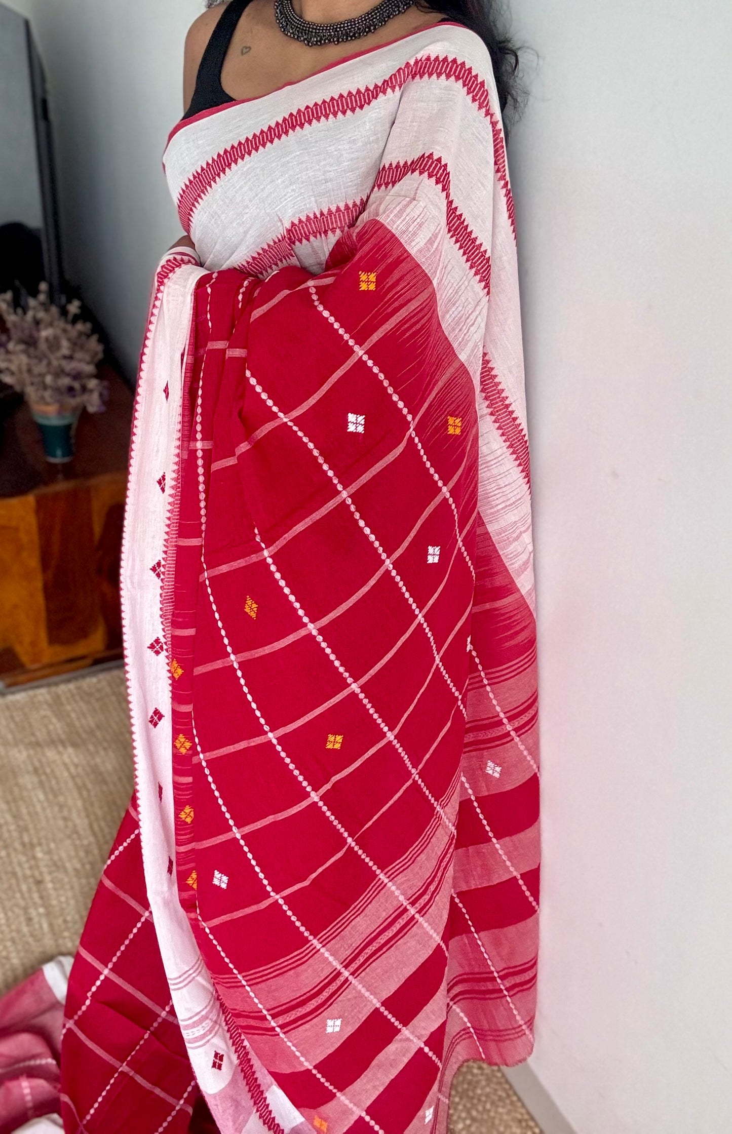 Pure Dhaniakhali tant in white with red checks - YCBCDP21