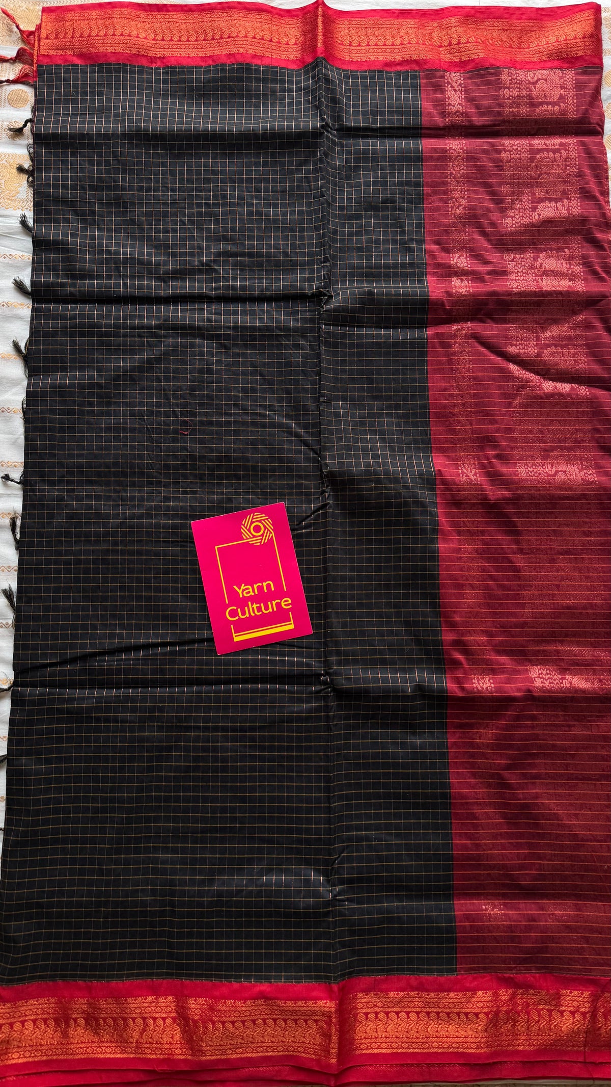 Black with red, zari checkered saree, cotton silk - YCCOTNKCOC104