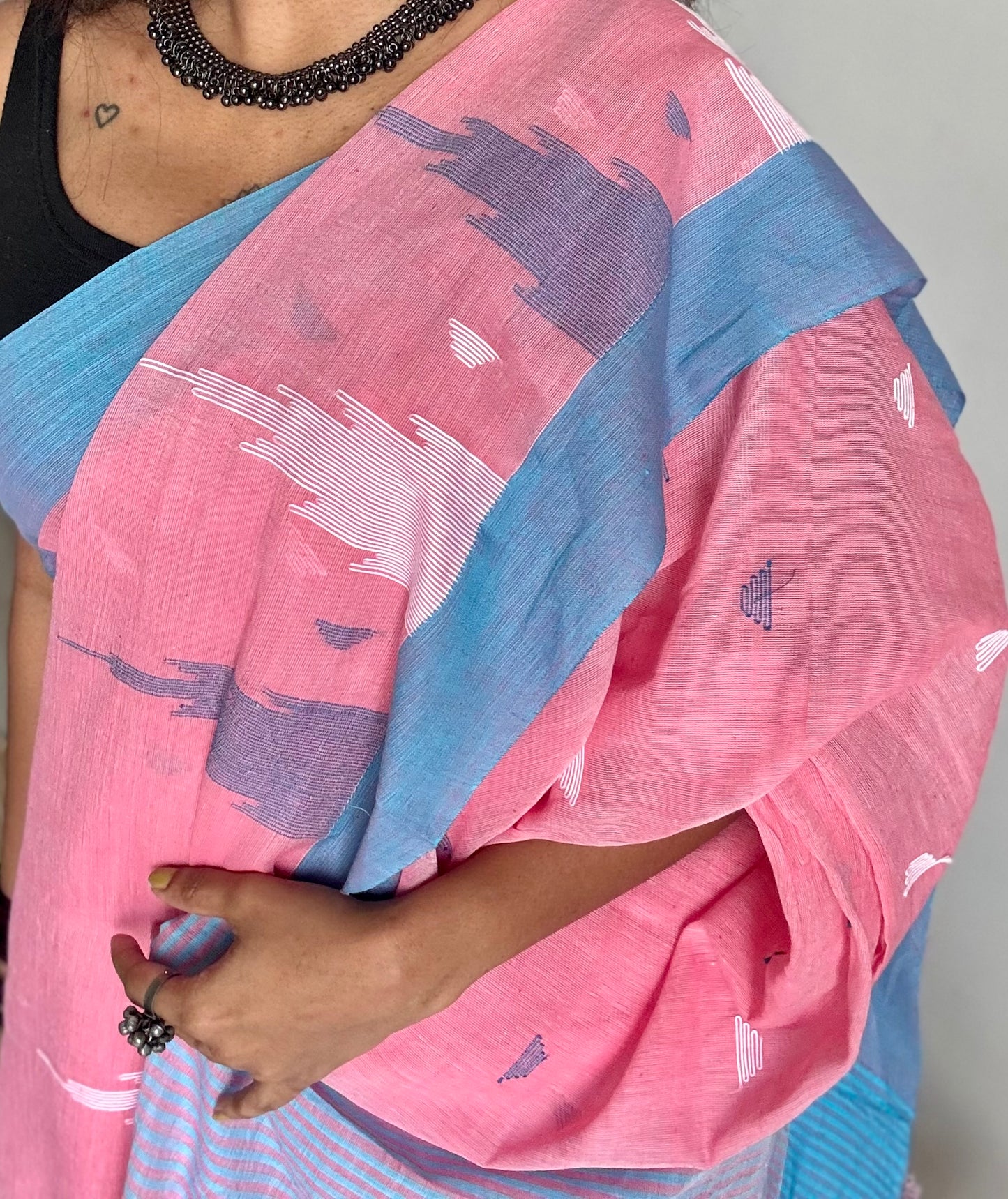 Peach pink with blue borders, temple motif woven threadwork, soft cotton - YCBCMKCDE31