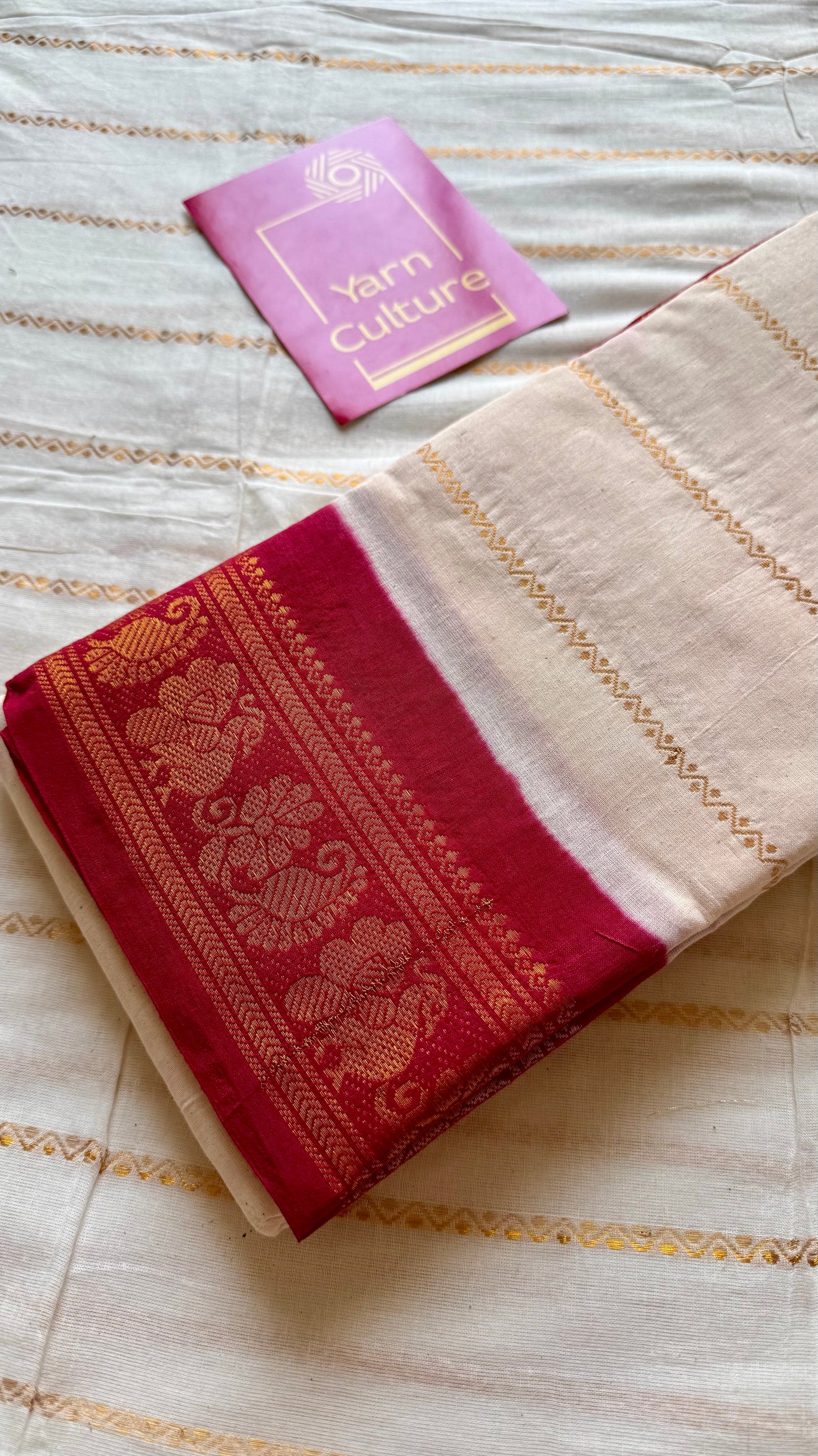 Ivory with red contrast velthaari sungudi, kattuchayam dyed madurai cotton - YCIEON105