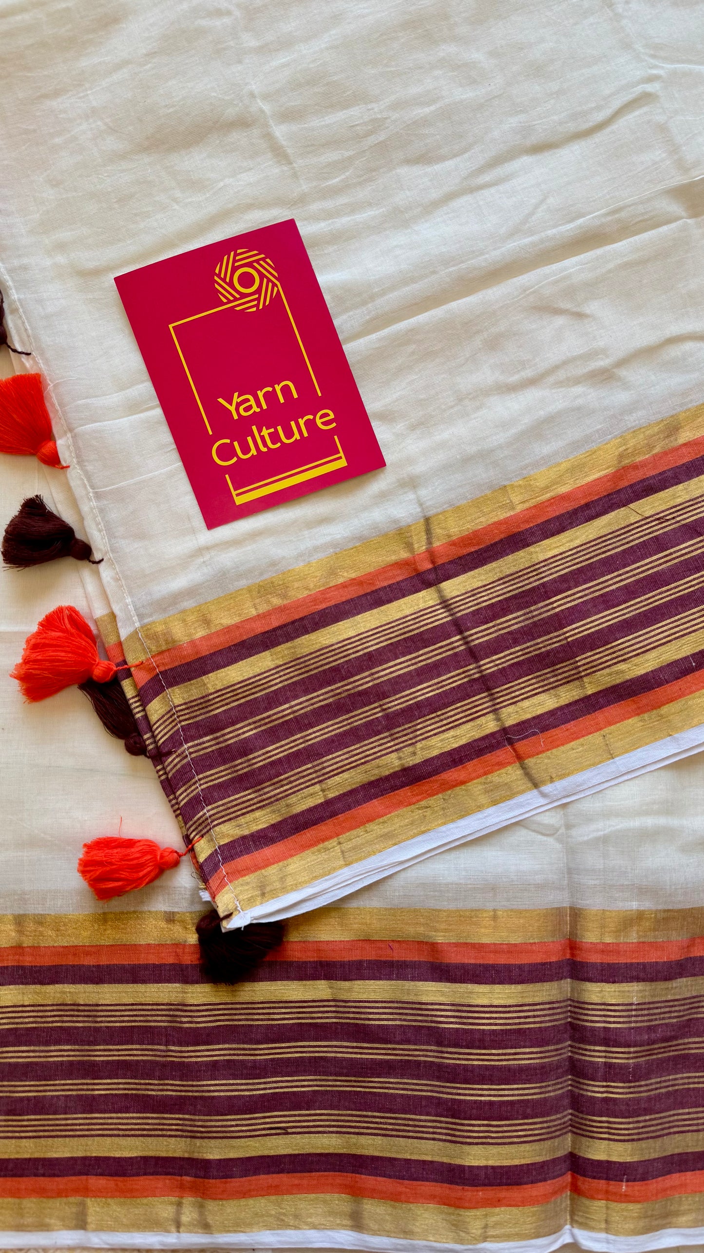 Ivory mul saree, deep maroon, orange, gold zari border - YCIEON02