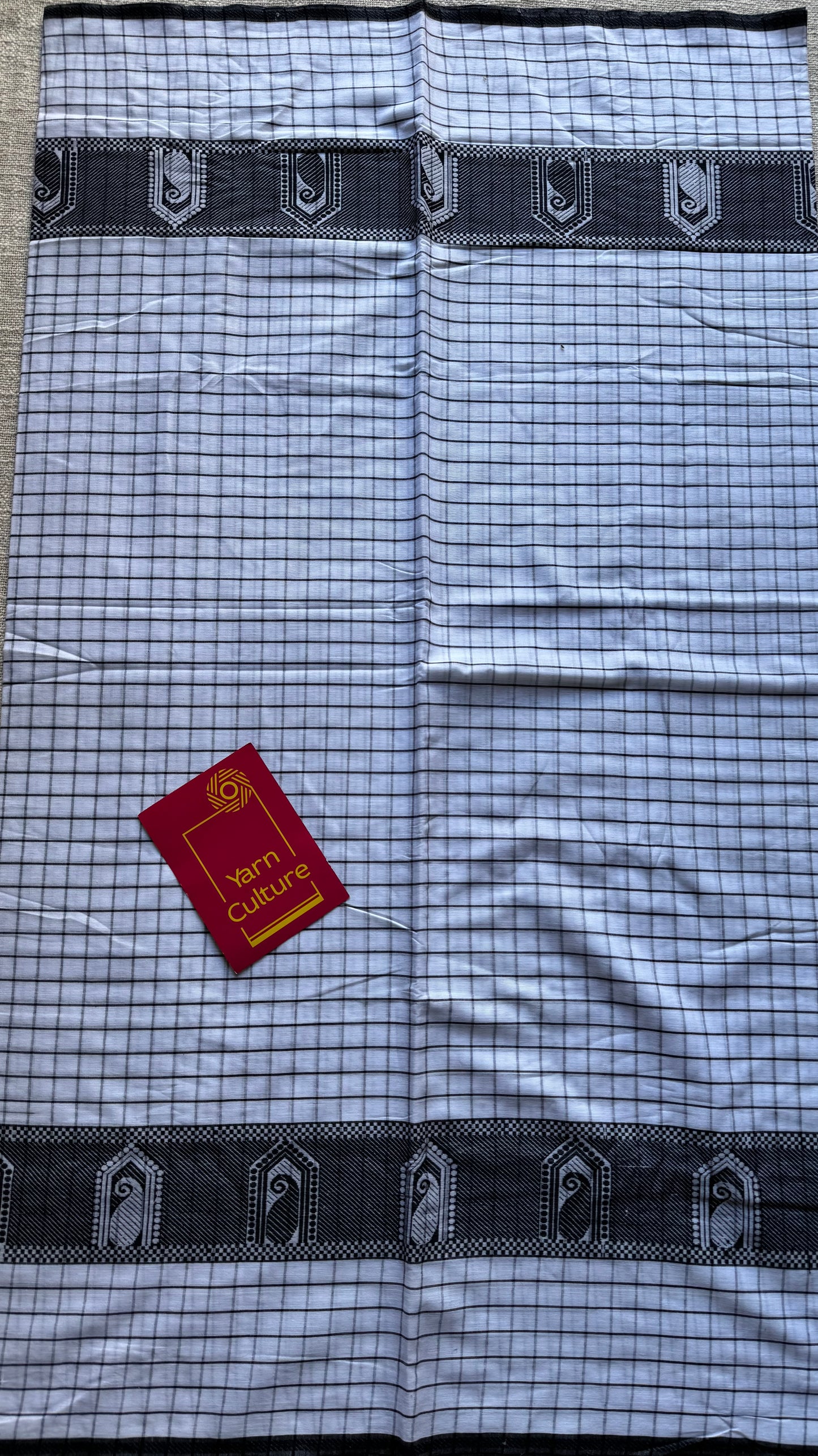 Dhonekhali handloom soft cotton saree, black and white checks, black thread motif worked border - YCBCDFE265