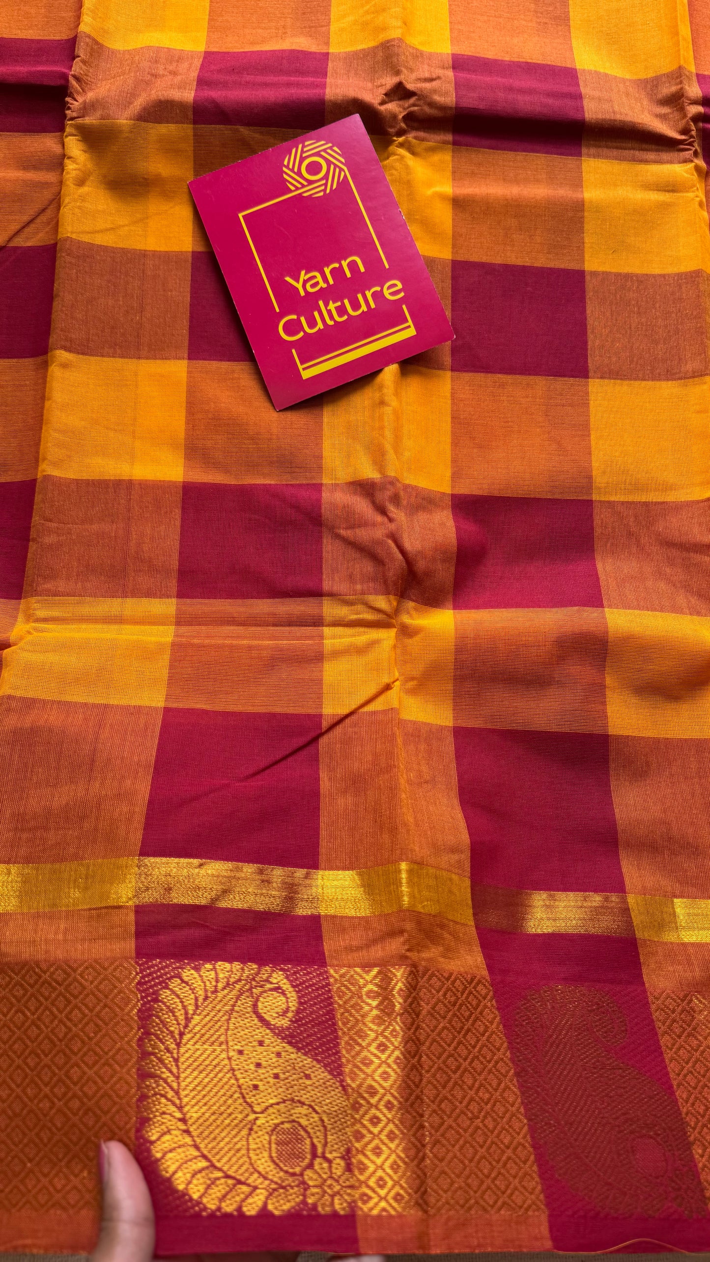 Chettinad cotton saree with yellow and red checks, paisley motif border - YCCOTNAP64
