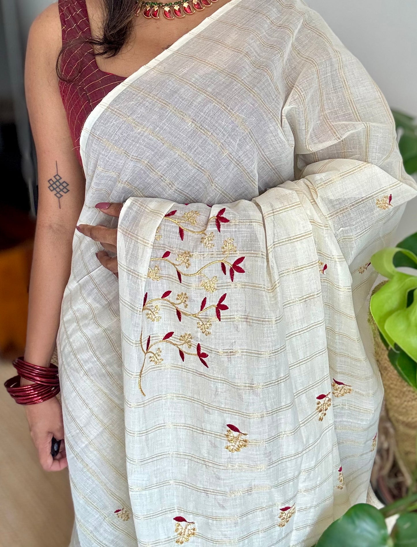 Ivory and gold soft cotton saree, maroon floral vine embroidery  - YCIEON58
