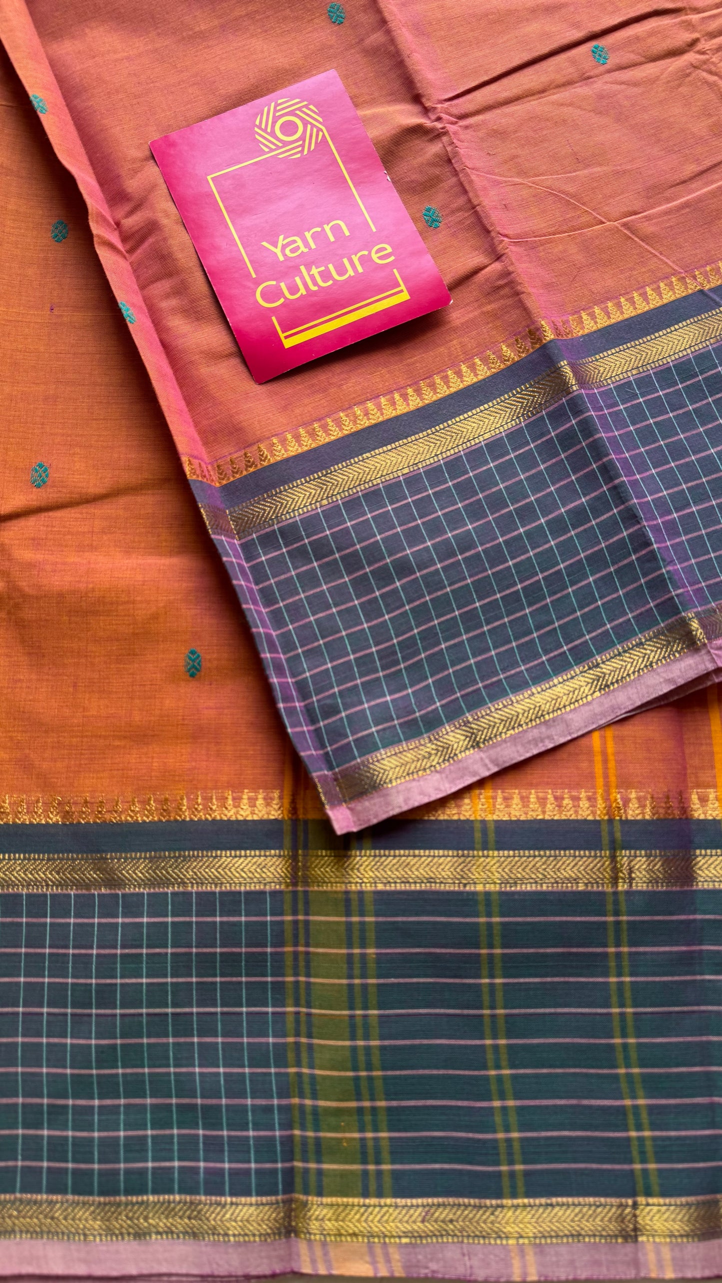 Orange pink dual tone and dark greyish blue contrast, Chettinad cotton saree with checkered border - YCCOTNMA273
