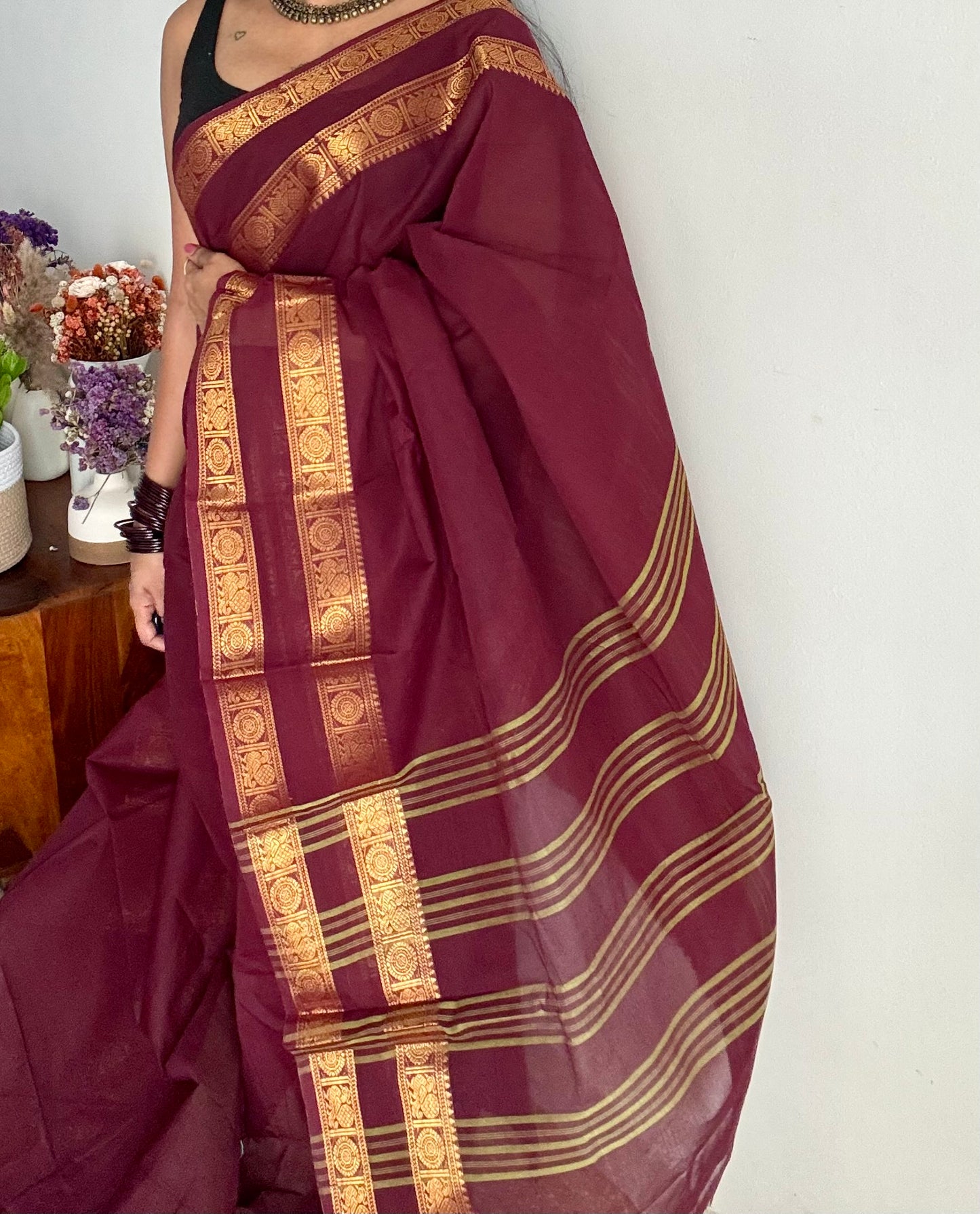 Kanchi cotton saree, dark maroon with rettaipet double zari border - YCCOTNAP90