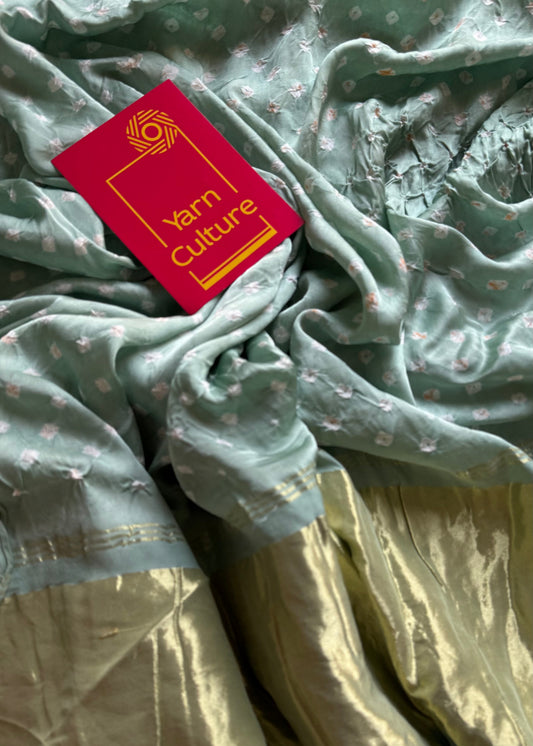Pastel mint blue, crushed bandhej pure modal silk saree with lagdi patta zari pallu - YCTOKBM333