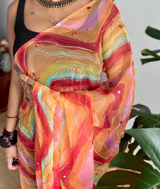Red orange multicoloured leheriya chiffon saree with mirror work  - YCTORLOC96
