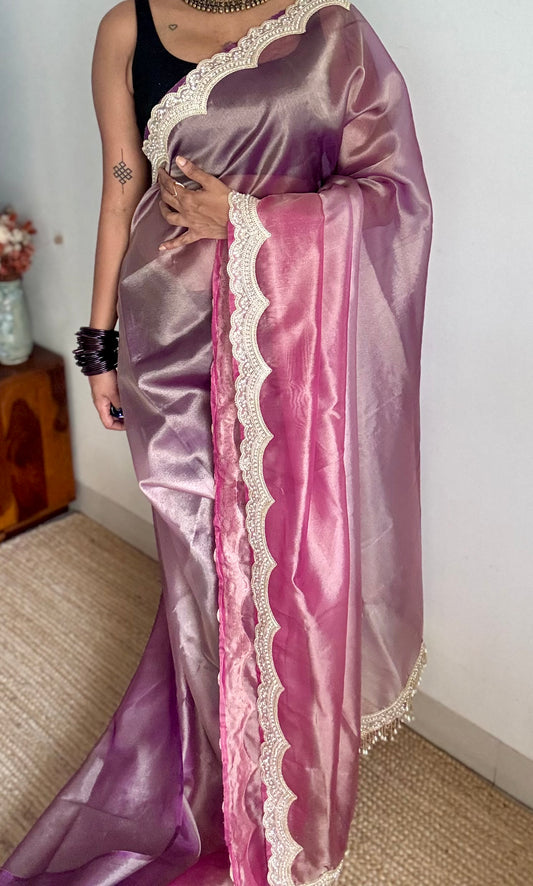 Pink and purple tissue Banarasi saree with embellished pearl lace border - YCBLTOC74