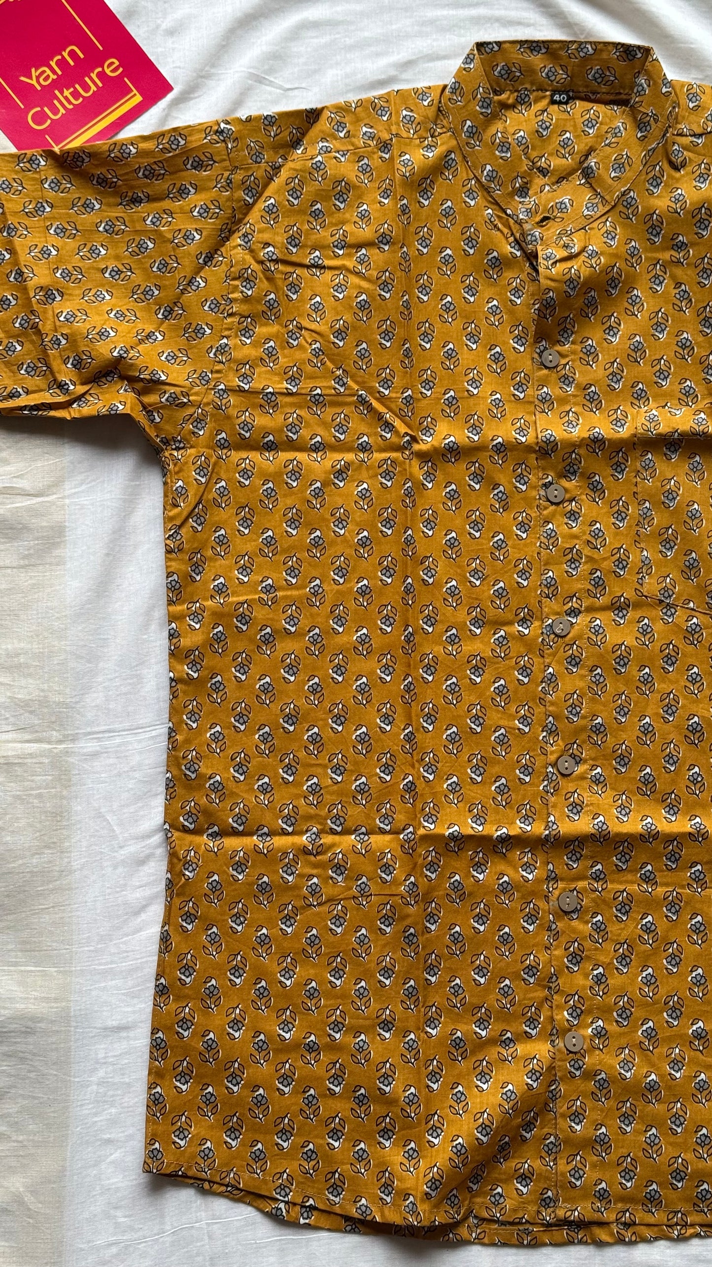 Turmeric Yellow Floral Motif Block Printed Cotton Men's Half Sleeve Mandarin Collar Kurta Shirt - YCMSEIE193