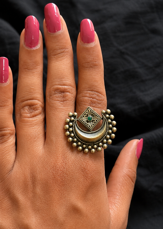 Adjustable ring, half moon ring, green stone - YCOSFR603