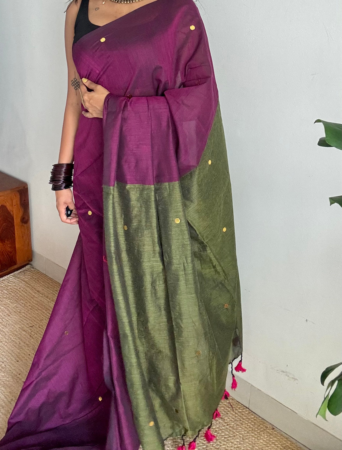 Wine with olive green contrast pallu, gini sequins, soft cotton saree - YCBCSCOC06