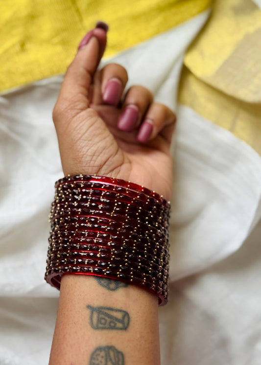Dark red raindrop glass bangles, set of 12 - YCBANGL846