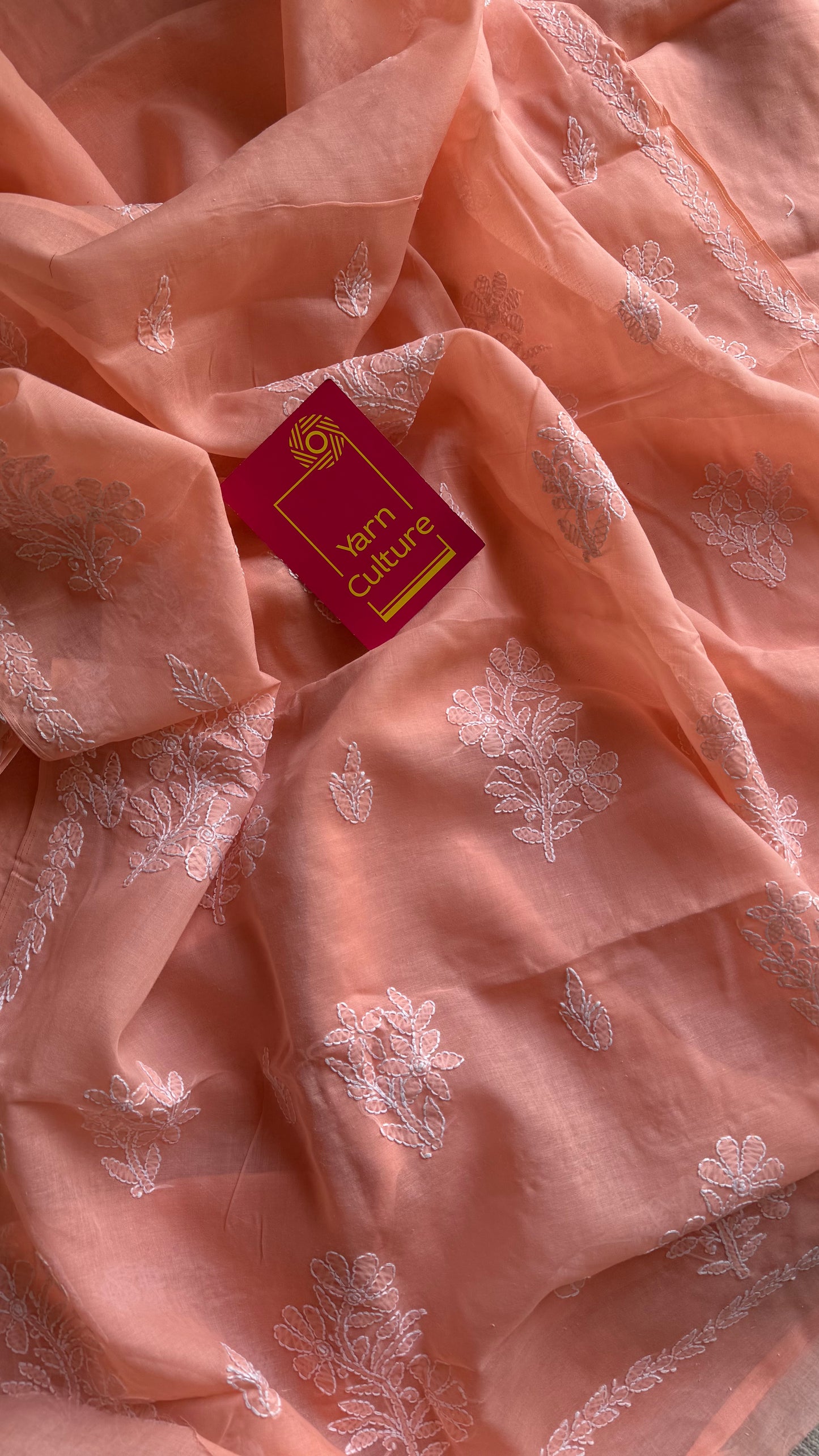 Sukun - musk, light peach hand-embroidered chikankari cotton saree - YCLCKFE425