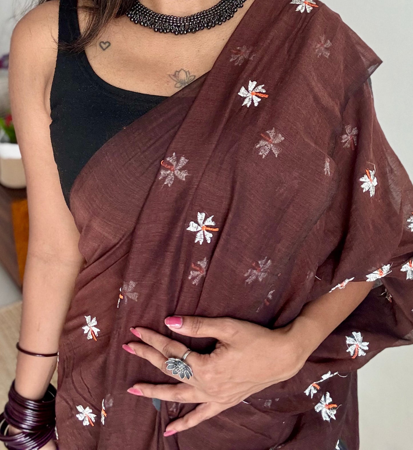 Brown parijat mul cotton saree  - YCBCMCAP34