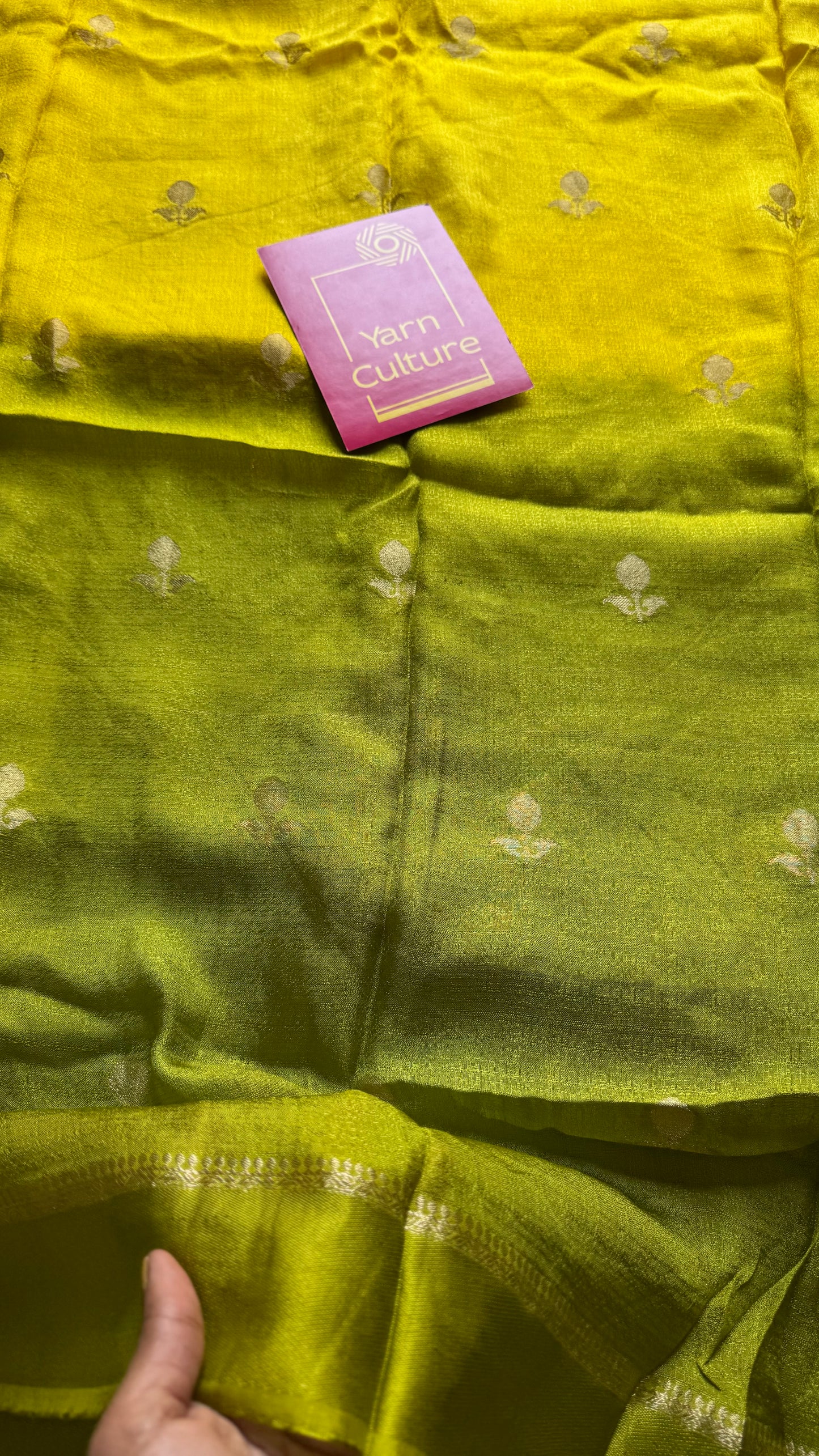 Yellow green dual tone in viscose soft silk with satin border, jacquard zari motifs - YCDOSFE194
