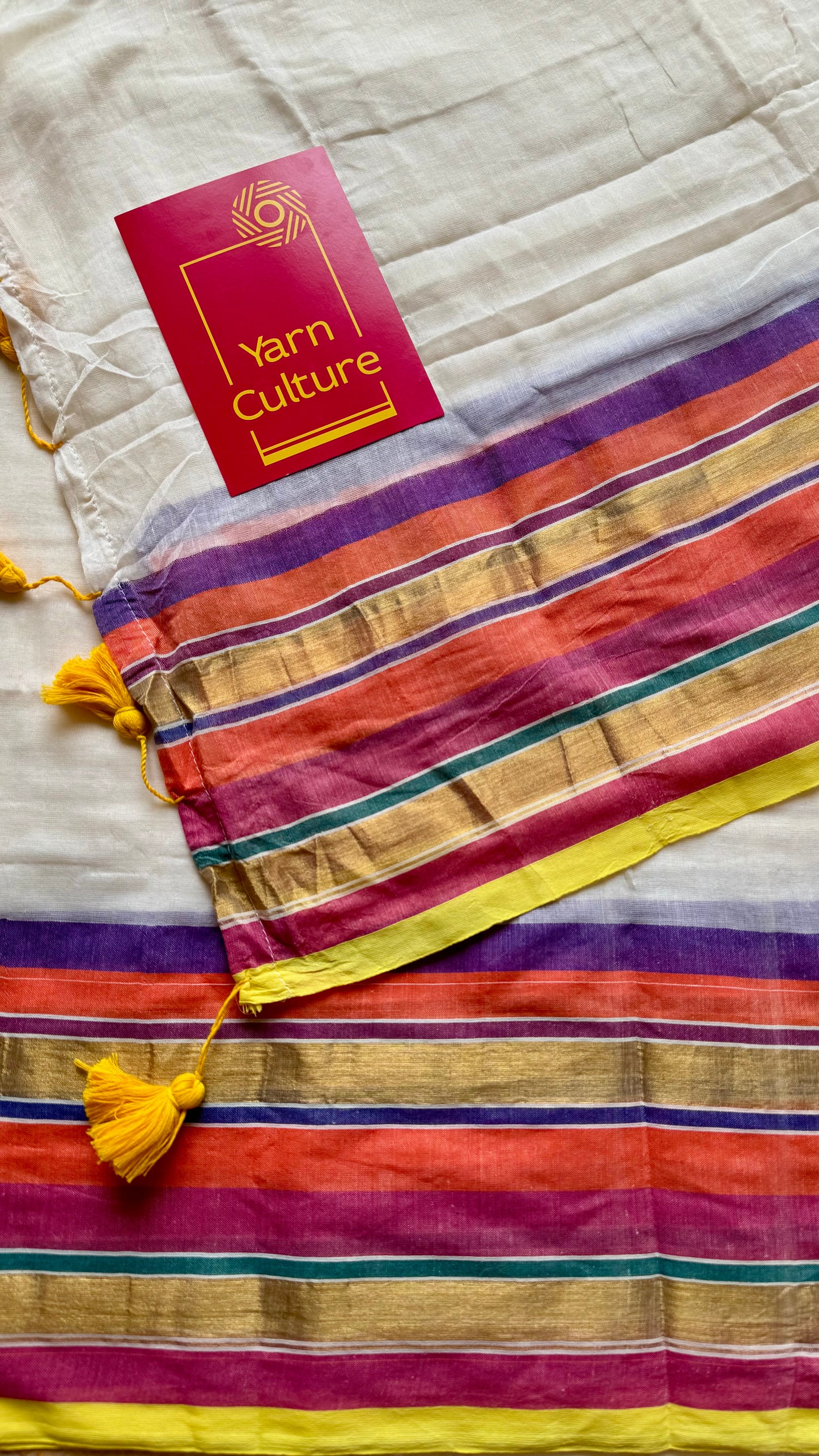 Ivory mul saree, multicoloured border - YCIEON34