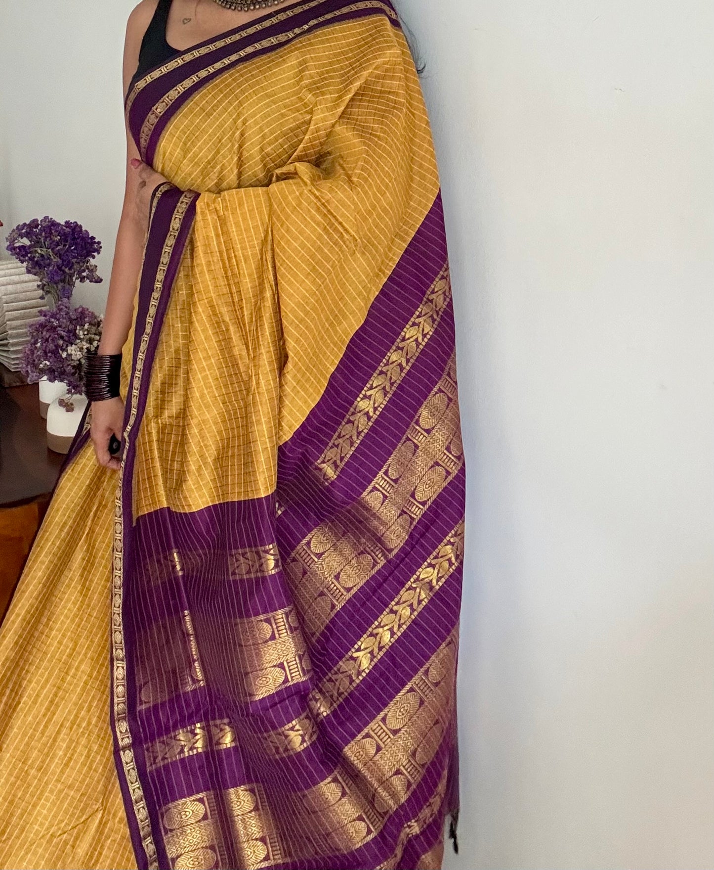 Yellow with wine contrast arani checkered saree, cotton silk - YCCOTNMA278