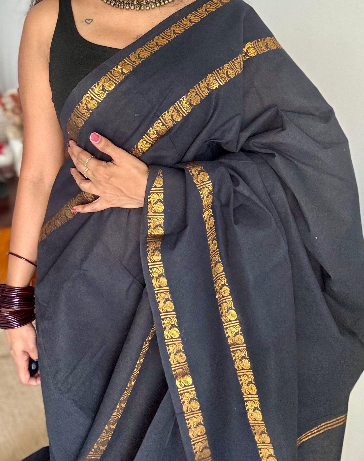 Black rettaipettu peacock gap border, kattuchayam dyed madurai cotton saree  - YCCOTNMSAP100