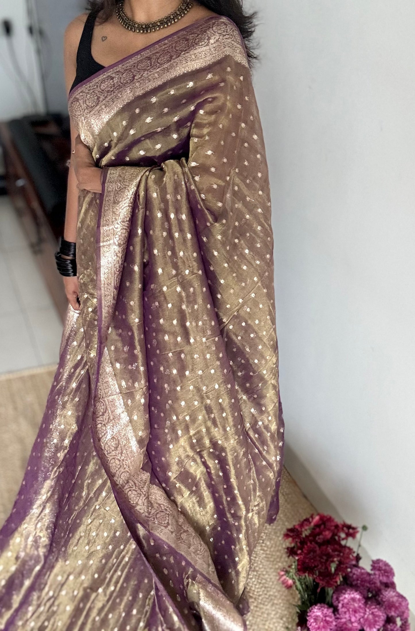 Purple brown with gold double tone, soft crushed tissue, thread zari - YCDOSFEJUTB11