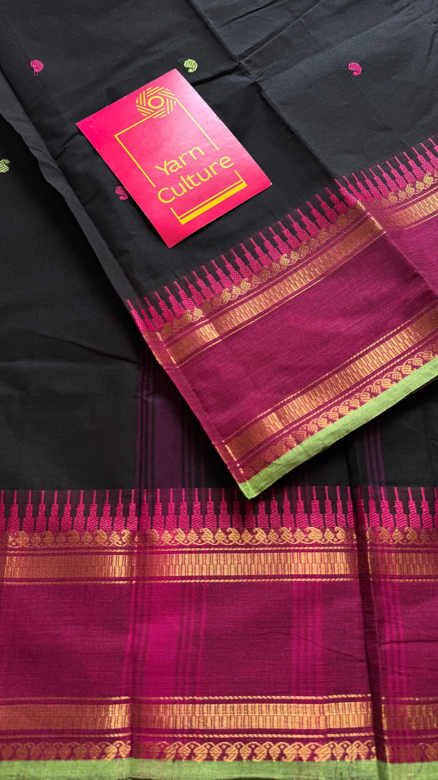 Kanchi cotton saree, black with magenta and pista green border - YCCOTNAP84