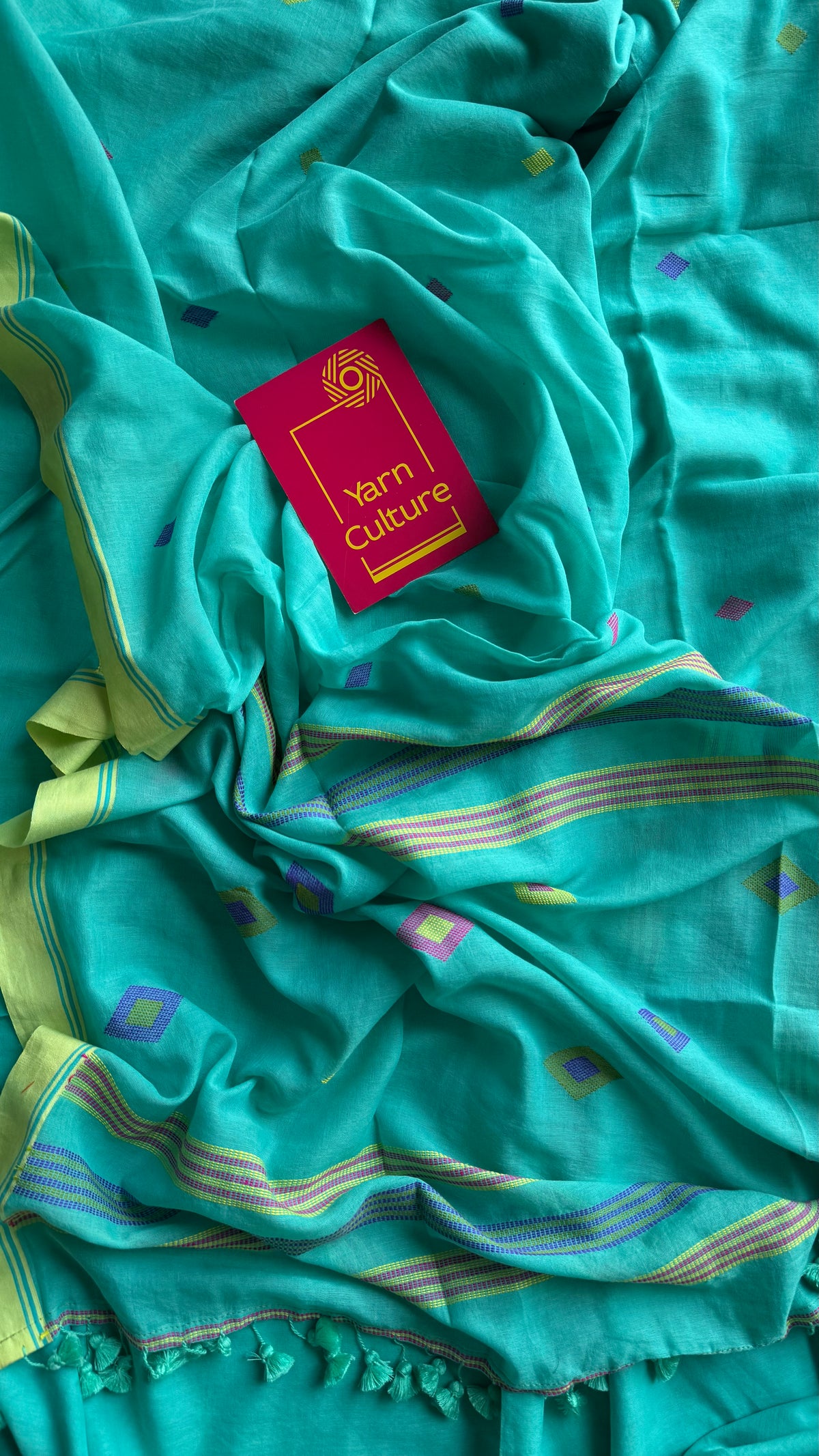 Handloom Bengal soft cotton saree, turquoise with woven buttas and lime green borders - YCBCMCSE38