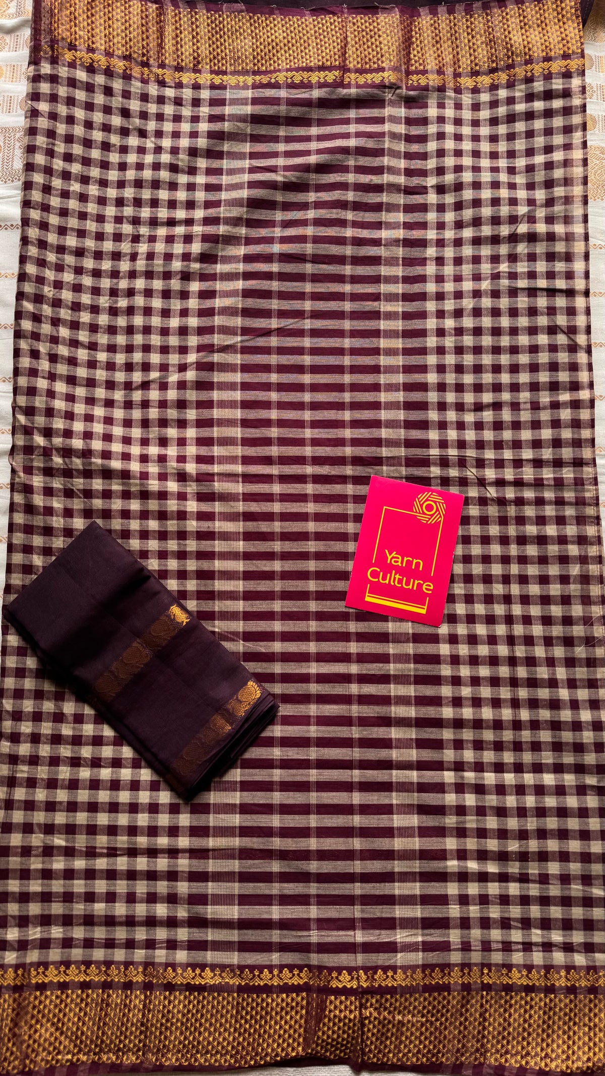 Maroon with cream checks and brown, sungudi and chettinad cotton half-half saree - YCCOTNIDOC32