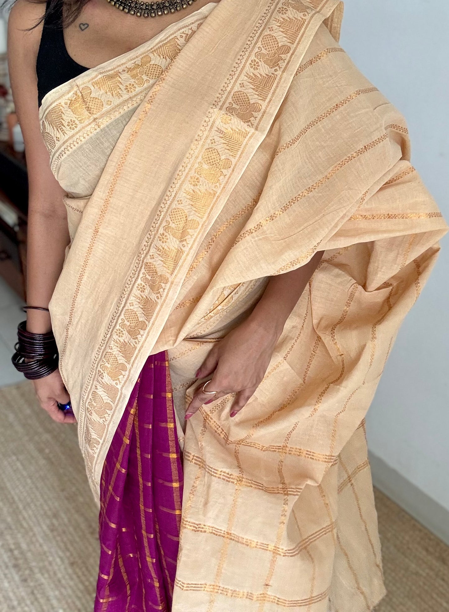 Cream with vadamalli, sungudi cotton half-half saree - YCCOTNIDMA284