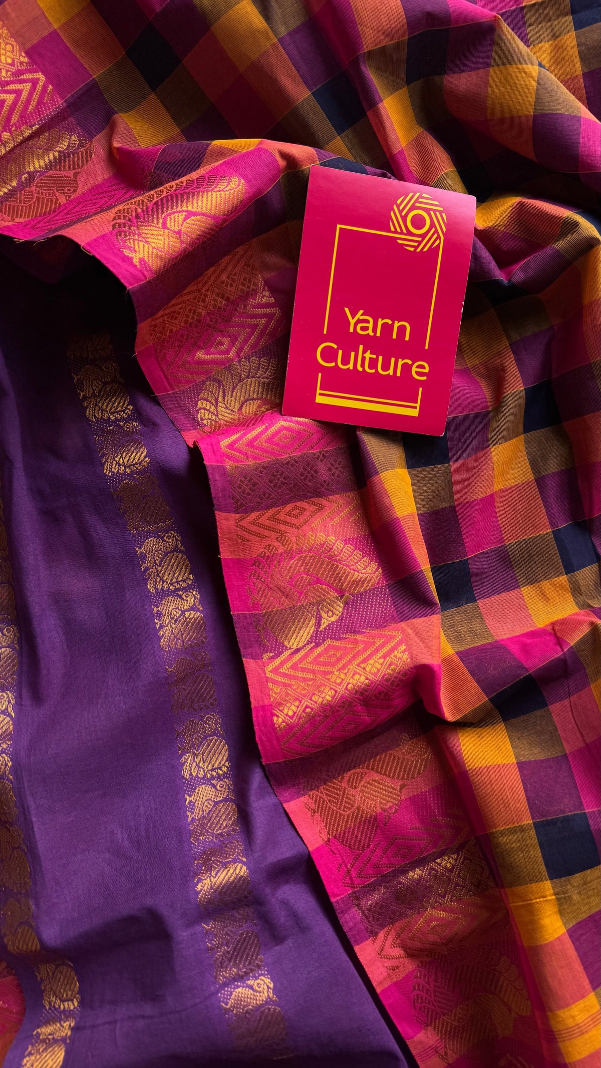Multicolour checks with purple, sungudi and chettinad cotton half-half saree -YCCOTNIDOC33