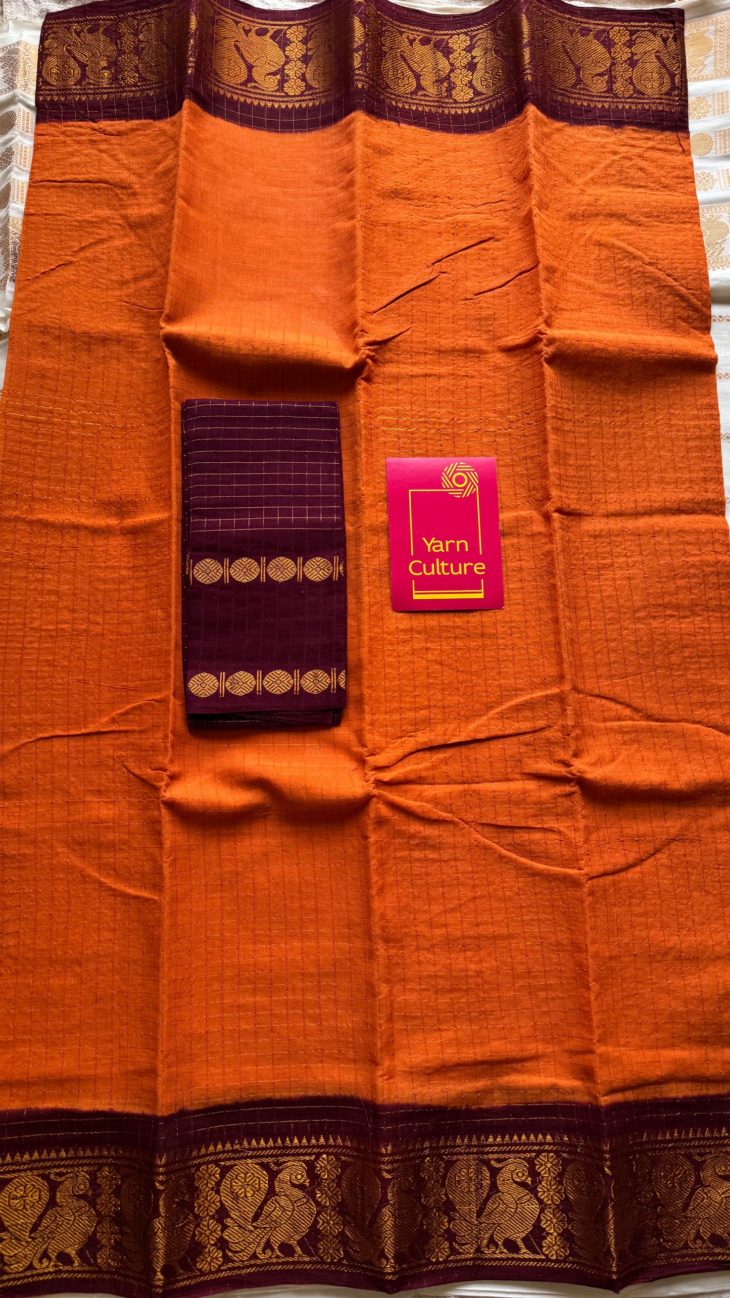 Orange with maroon contrast zari checkered sungudi, kattuchayam dyed madurai cotton - YCCOTNMSAP161