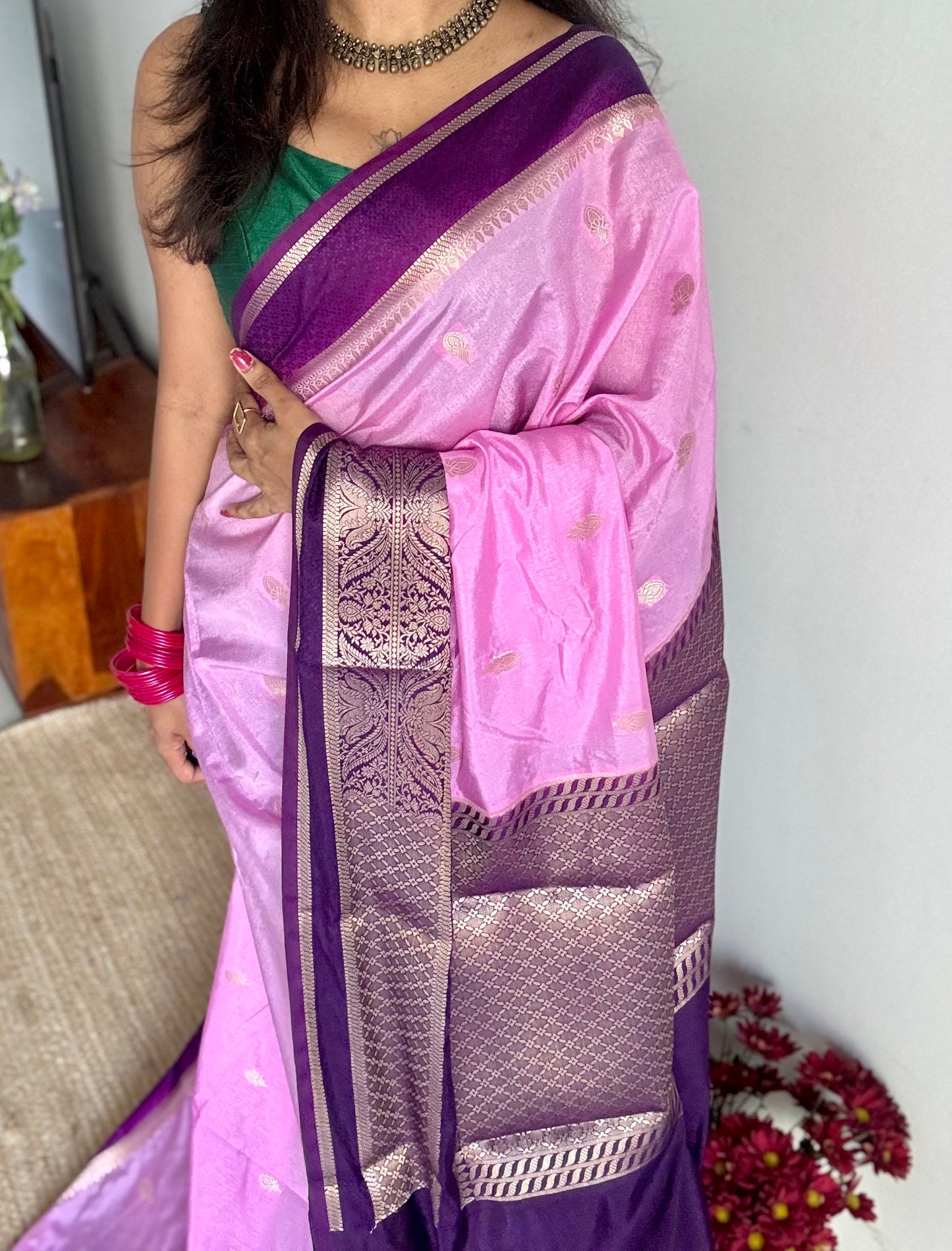 Pink with purple border, Banarasi semi-silk - YCDESE04