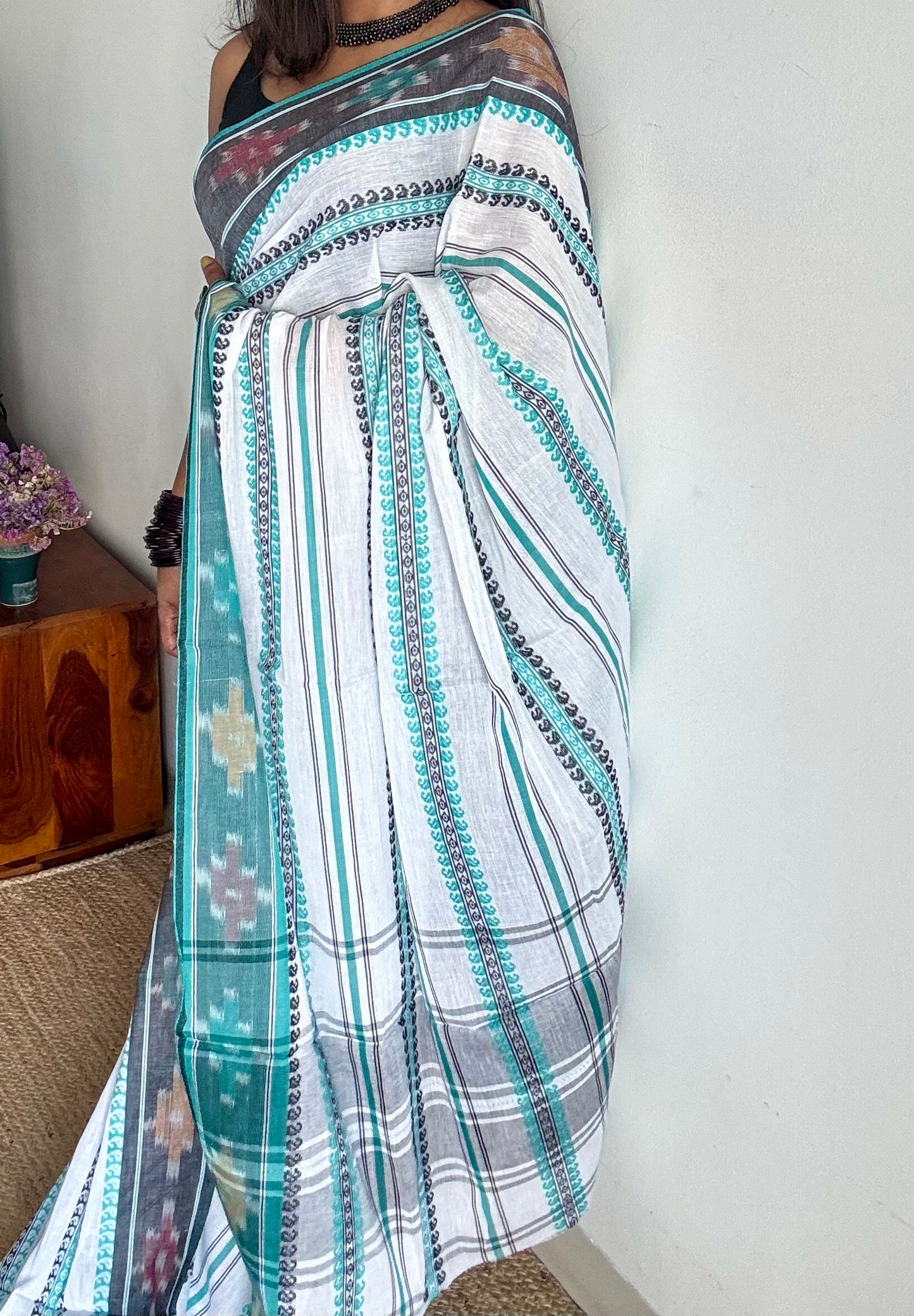Dhonekhali handloom soft cotton saree, white with turquoise and black woven stripes, Ikkat border- YCBCDFE247