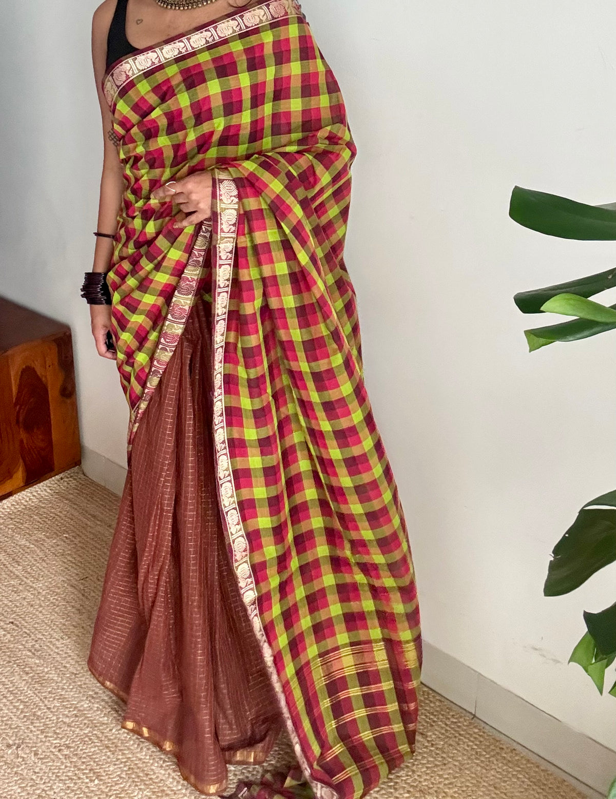 Multicoloured checks with brown, sungudi and chettinad cotton half-half saree - YCCOTNIDOC39
