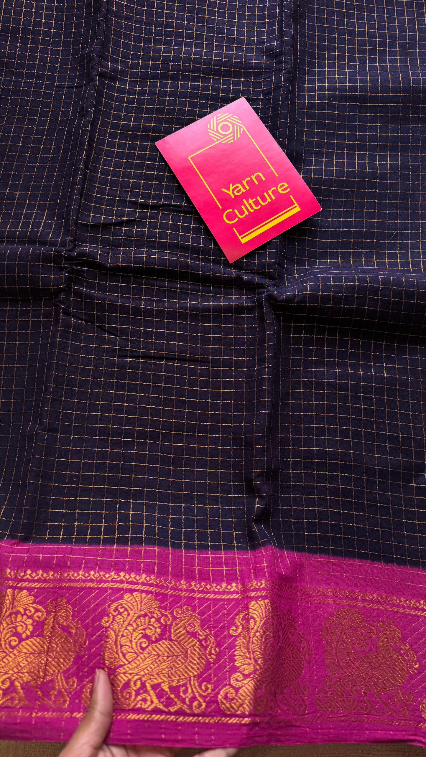 Dark blue with hot pink contrast zari checkered sungudi, kattuchayam dyed madurai cotton - YCCOTNMSAP194