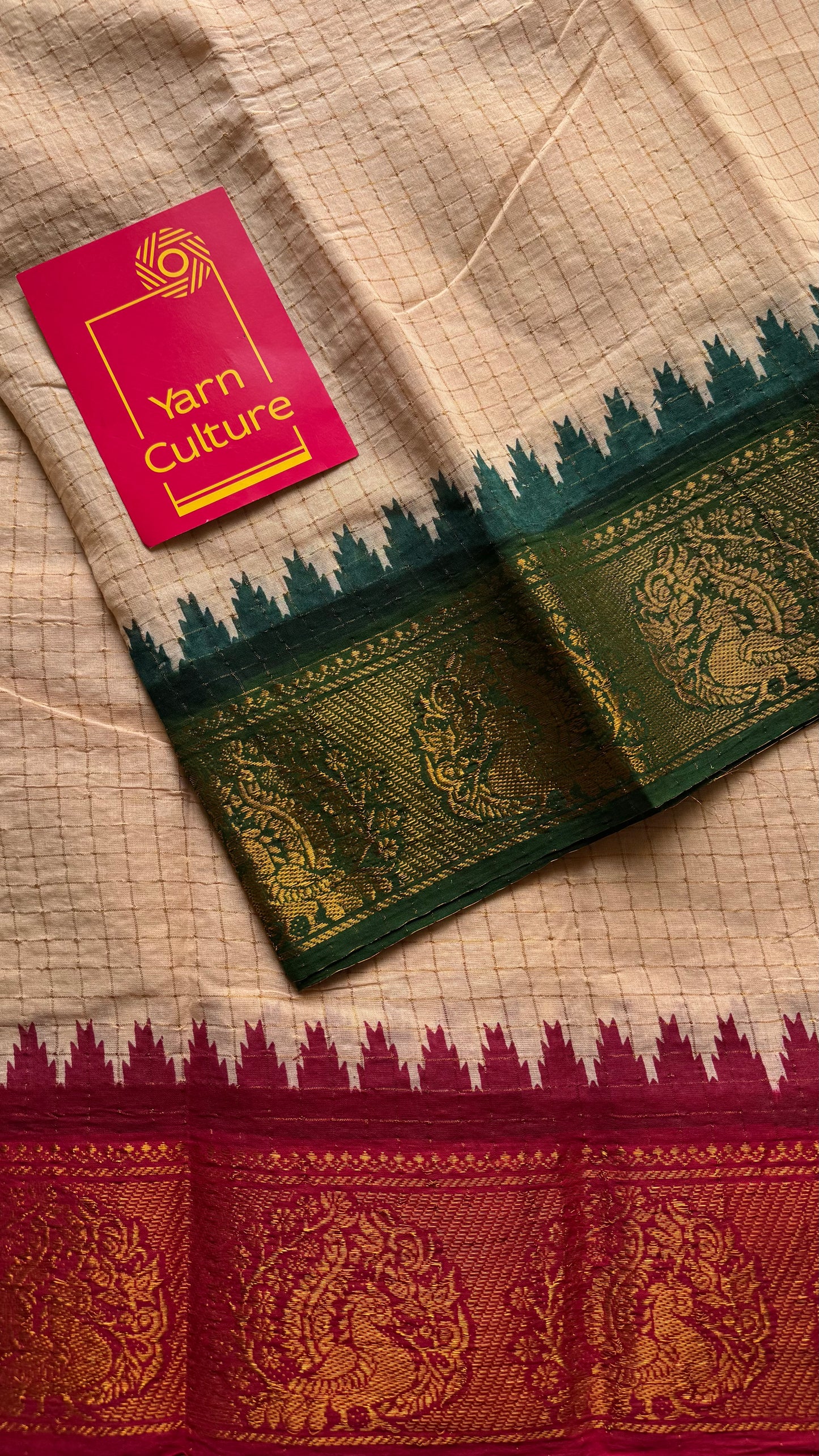 Sungudi checks, sandal base, green and deep red border, soft cotton - YCIEON93