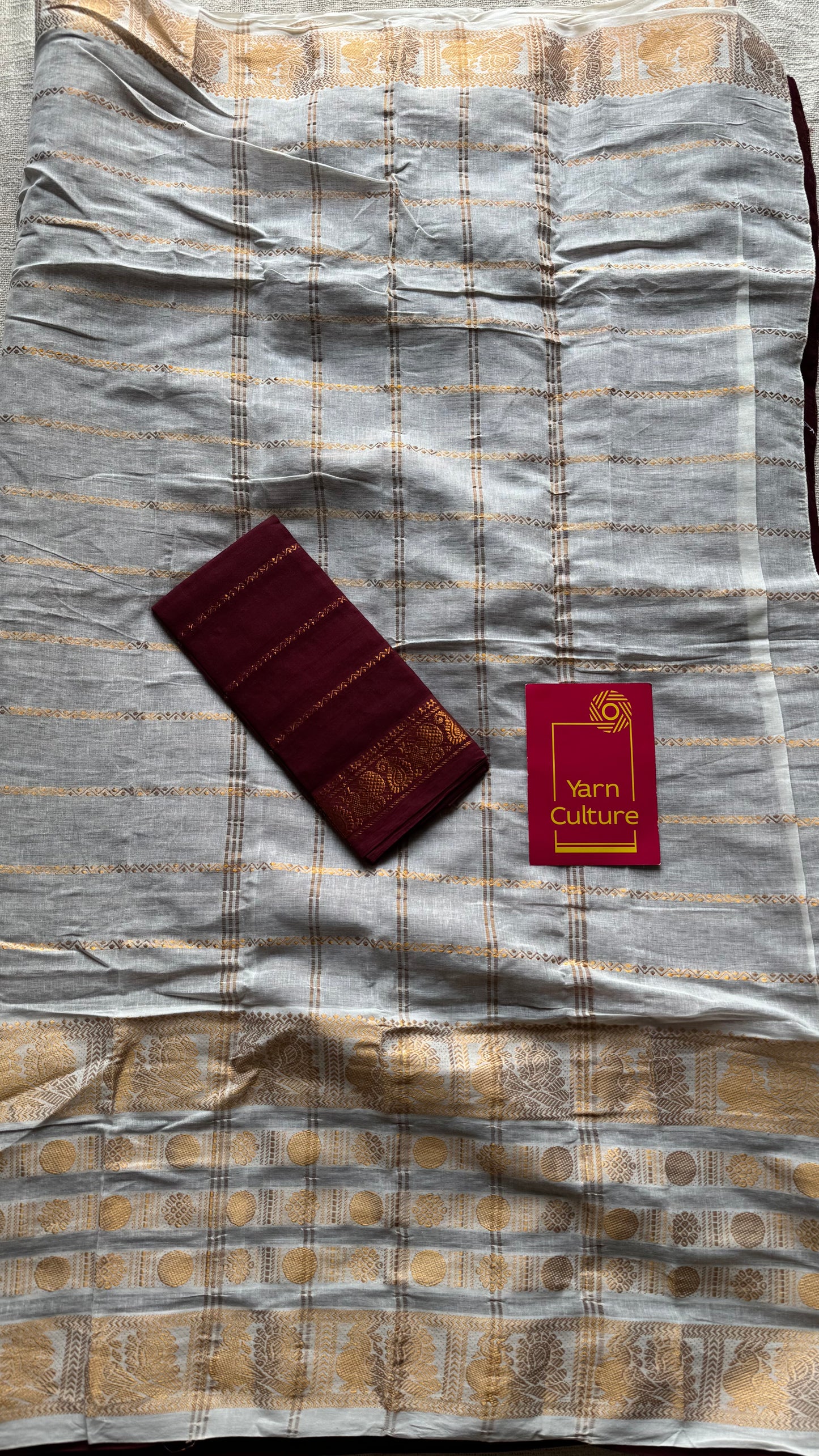 Cream with maroon, sungudi cotton half-half saree - YCCOTNMSFE354