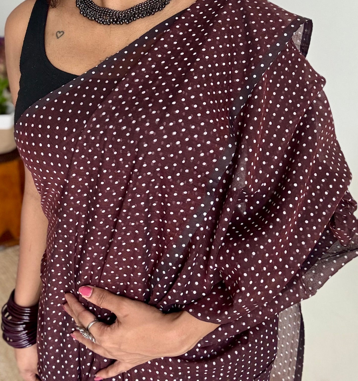 Brown with white polka dots mul cotton saree  - YCBCMCAP54