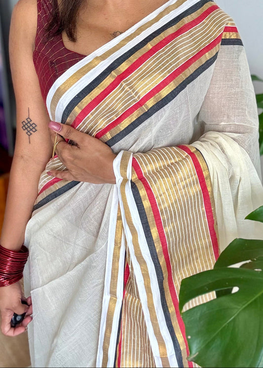 Ivory mul saree, red, black and gold striped border - YCIEON15