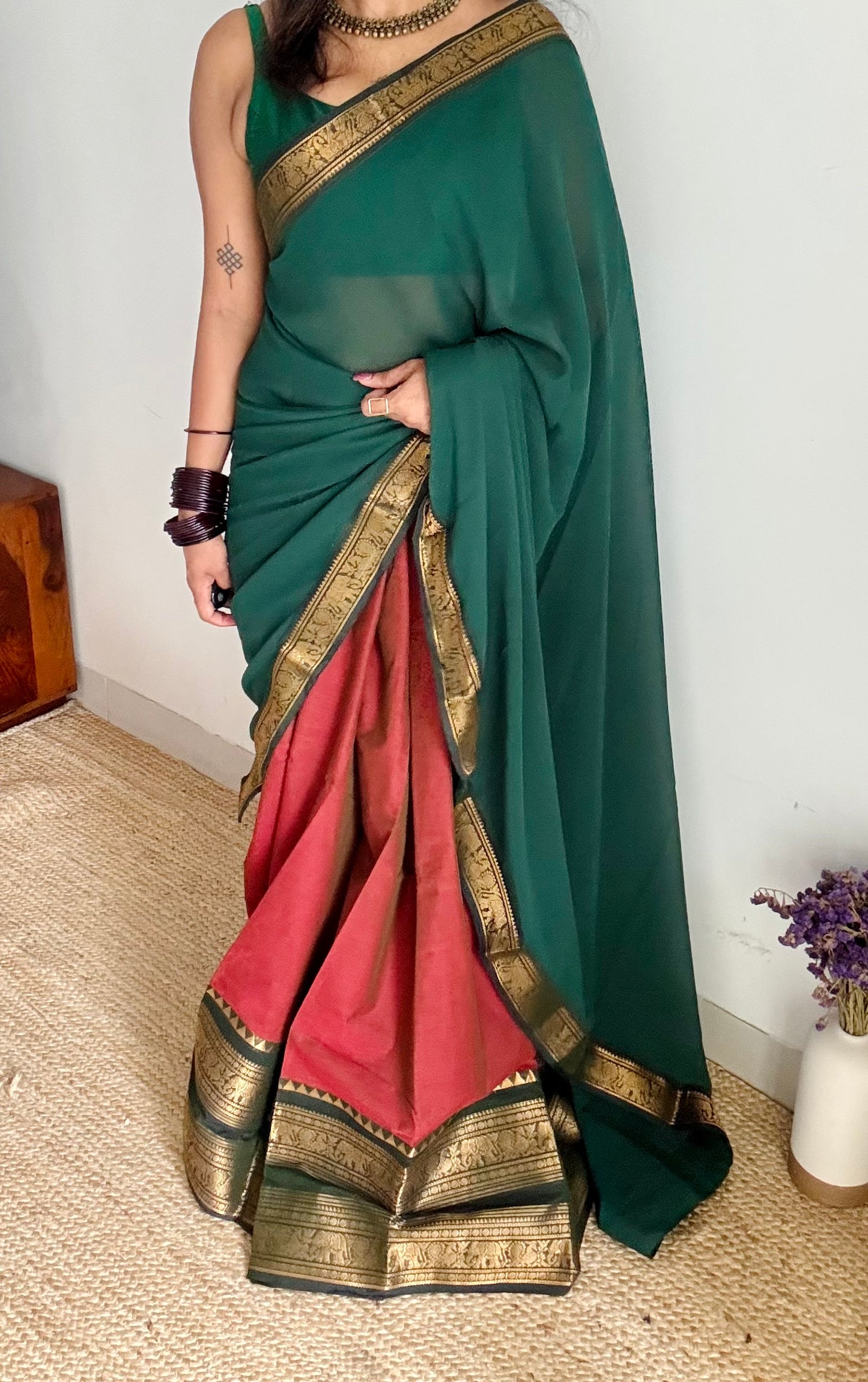 Dual tone Maroon - Green unstitched half saree material (dhavani), kanchi cotton - YCIEHS209