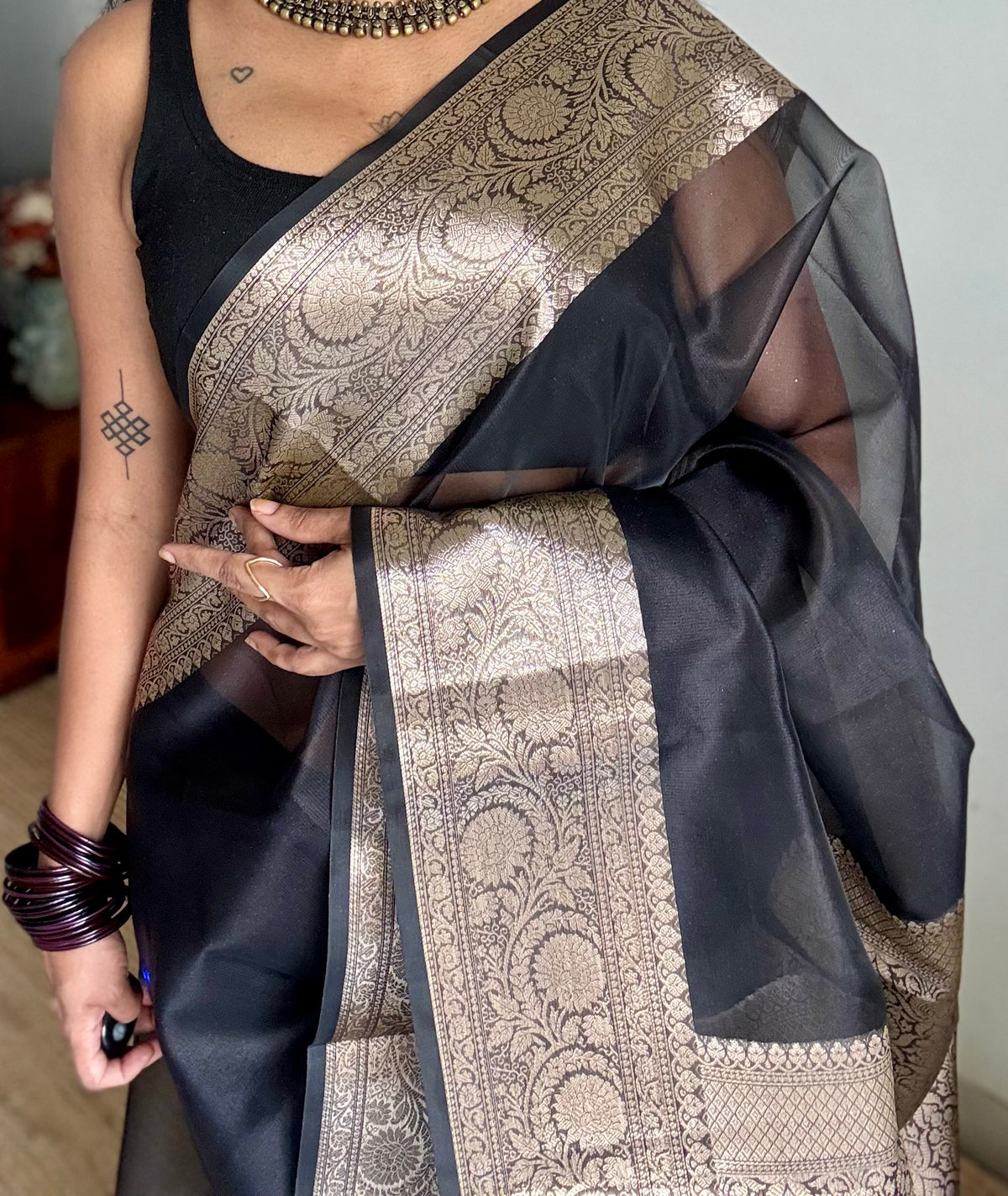 Black tissue Banarasi saree with zari border - YCBLTOC88