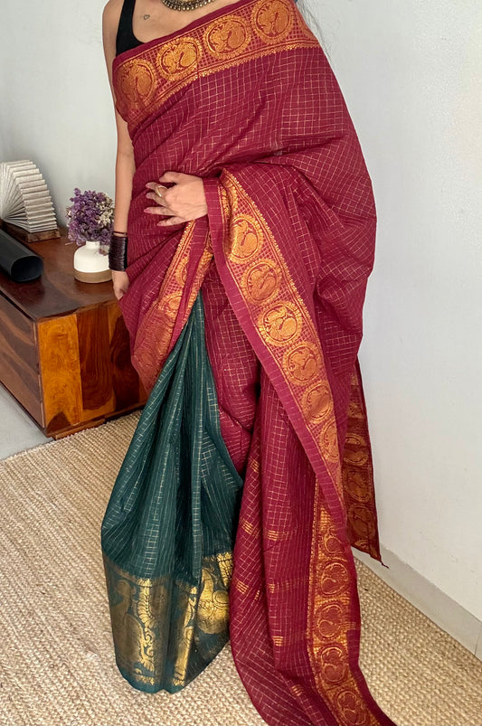 Maroon and bottle green, sungudi cotton half-half saree - YCCOTNIDMA306