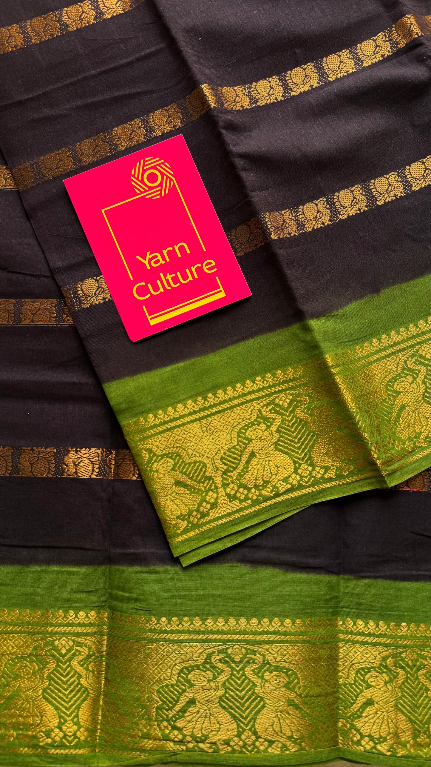 Black with green, multi peacock motif lines, kattuchayam dyed sungudi cotton - YCCOTNJUCC14