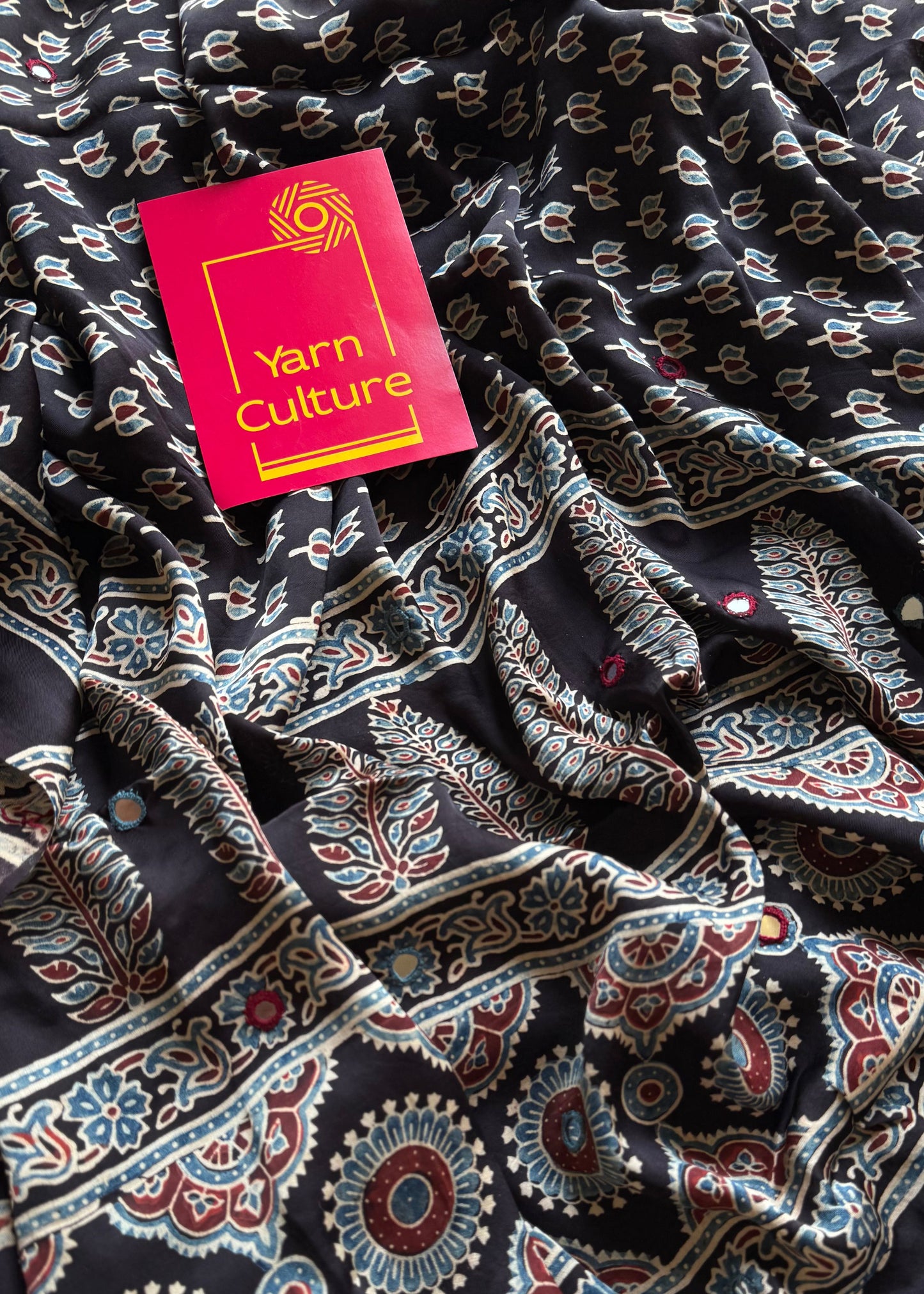 Black pure modal silk saree with ajrakh handblock print and mirror work - YCTOKAJM337