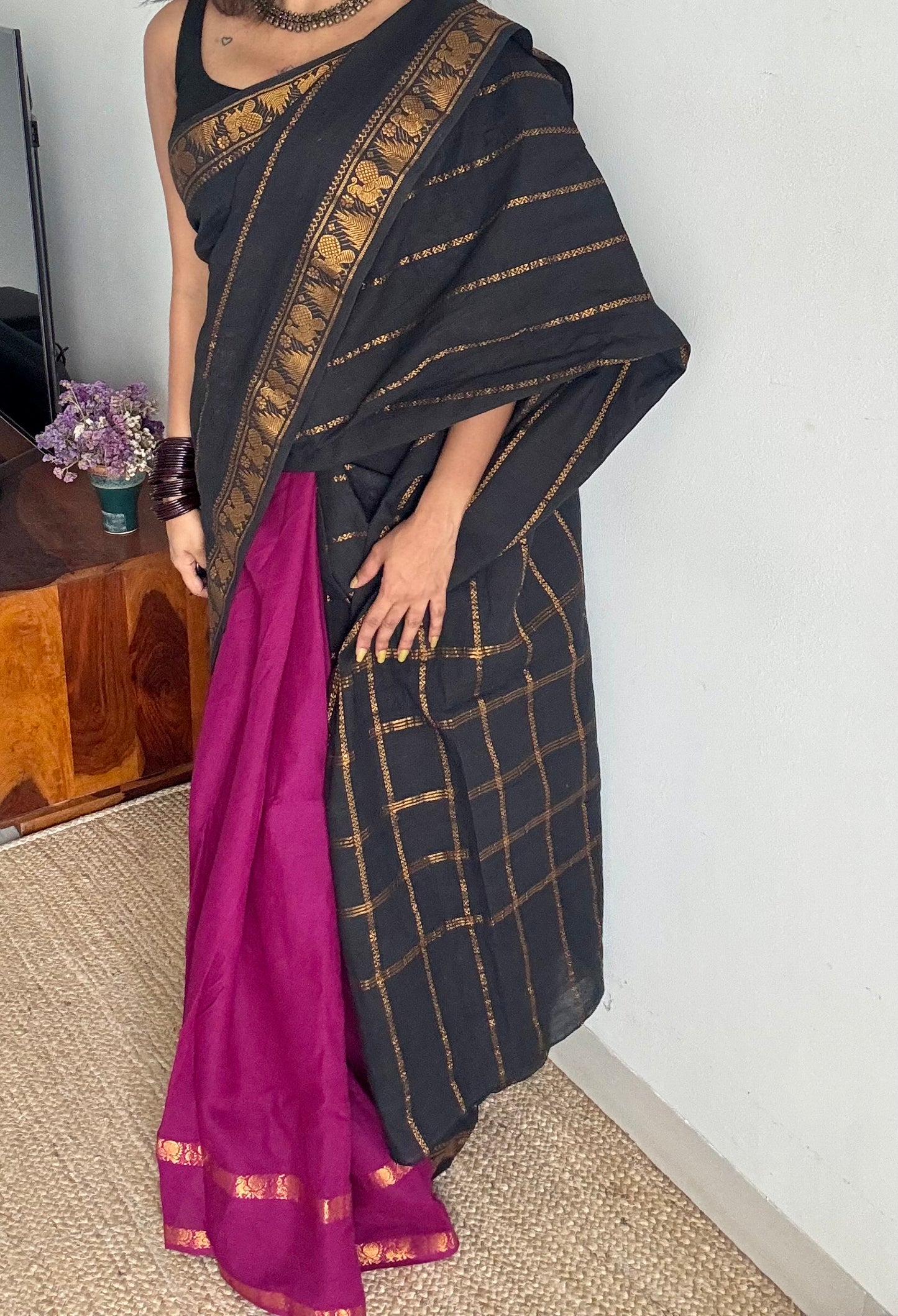 Black with purple pink (vadamalli), sungudi cotton half-half saree - YCCOTNMSFE358