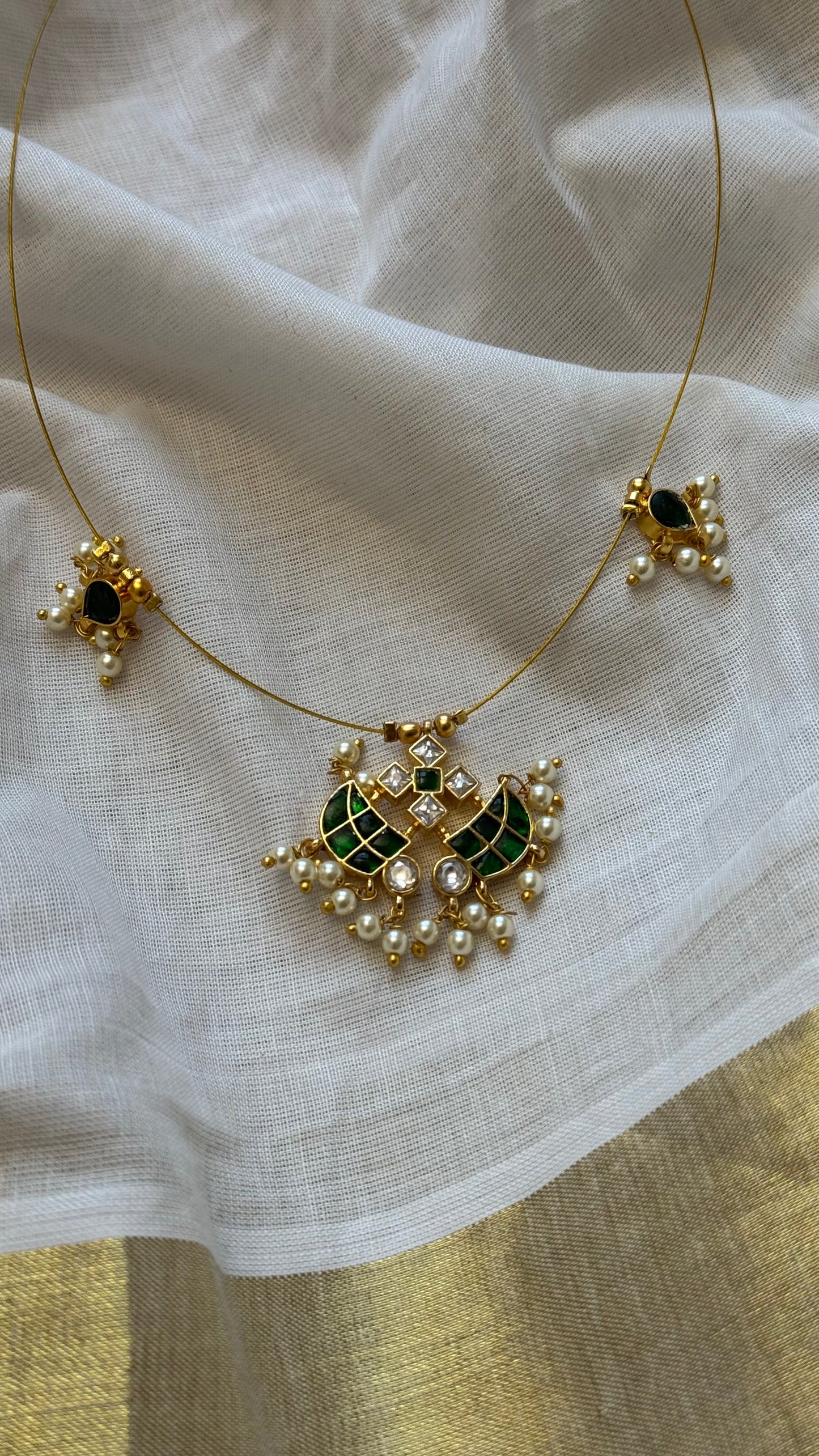 Invisible neckchain with jadau kundan stones & pearl hangings - green, white - YCGPNP693